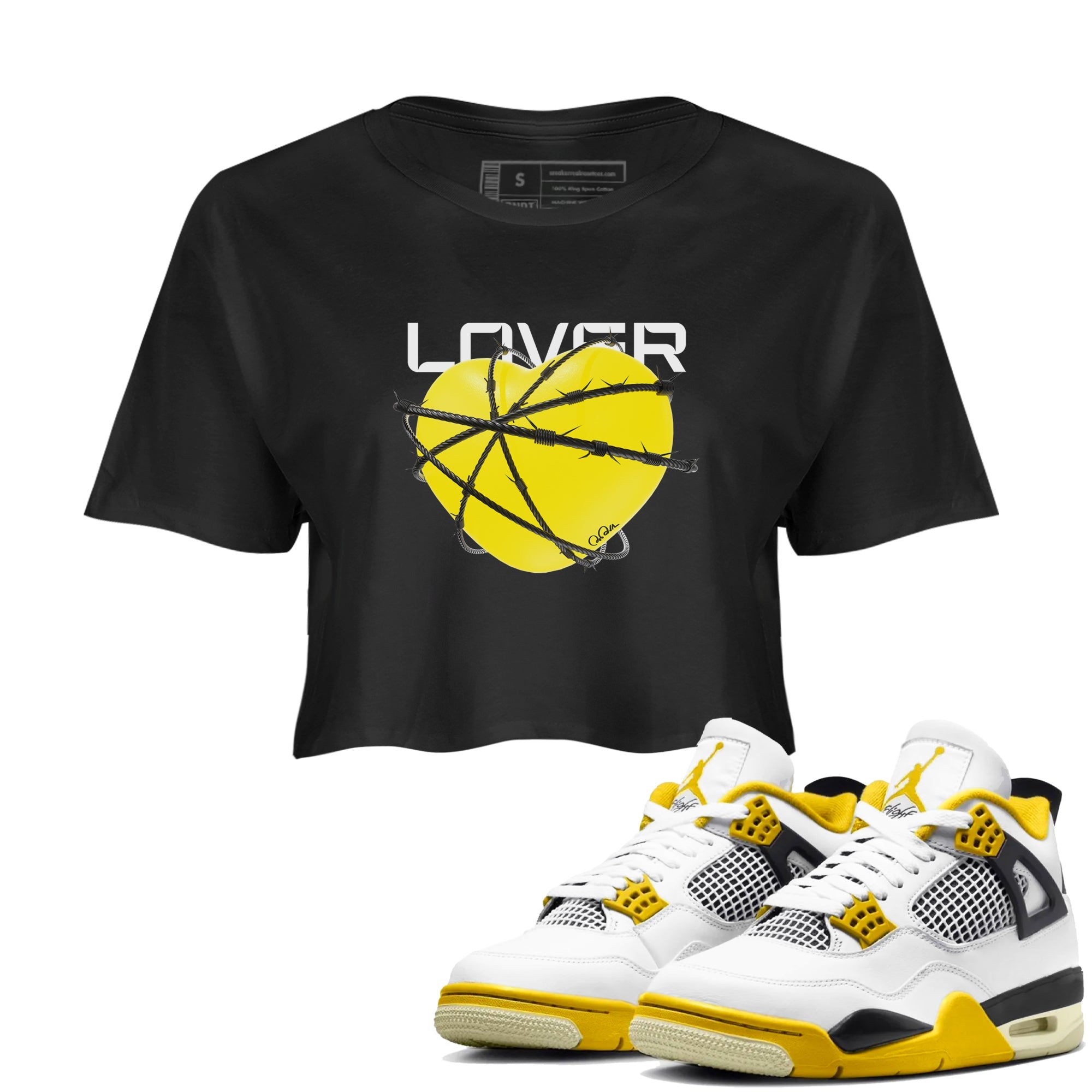 AJ4 Vivid Sulfur shirt to match jordans Heart Lover sneaker tees Air Jordan 4 Vivid Sulfur Drip Gear Zone Black 1 crop length shirt