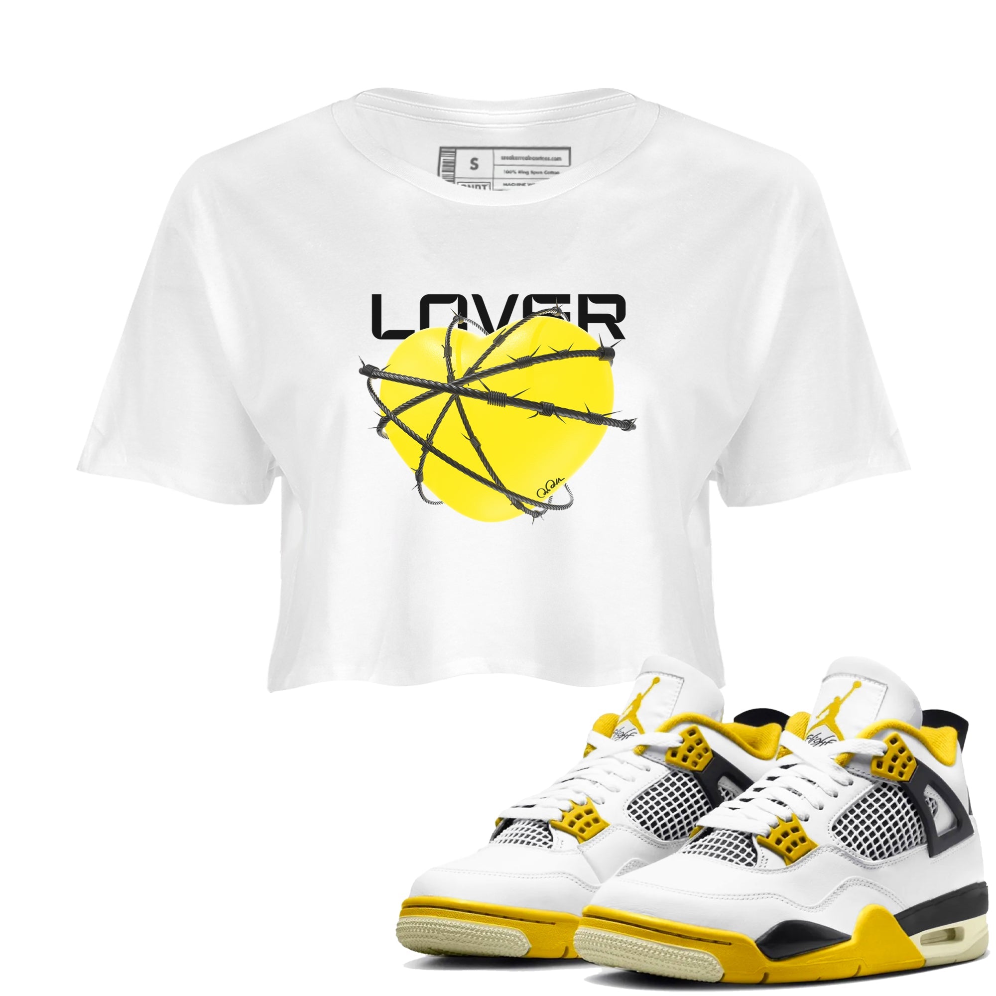 AJ4 Vivid Sulfur shirt to match jordans Heart Lover sneaker tees Air Jordan 4 Vivid Sulfur Drip Gear Zone White 1 crop length shirt