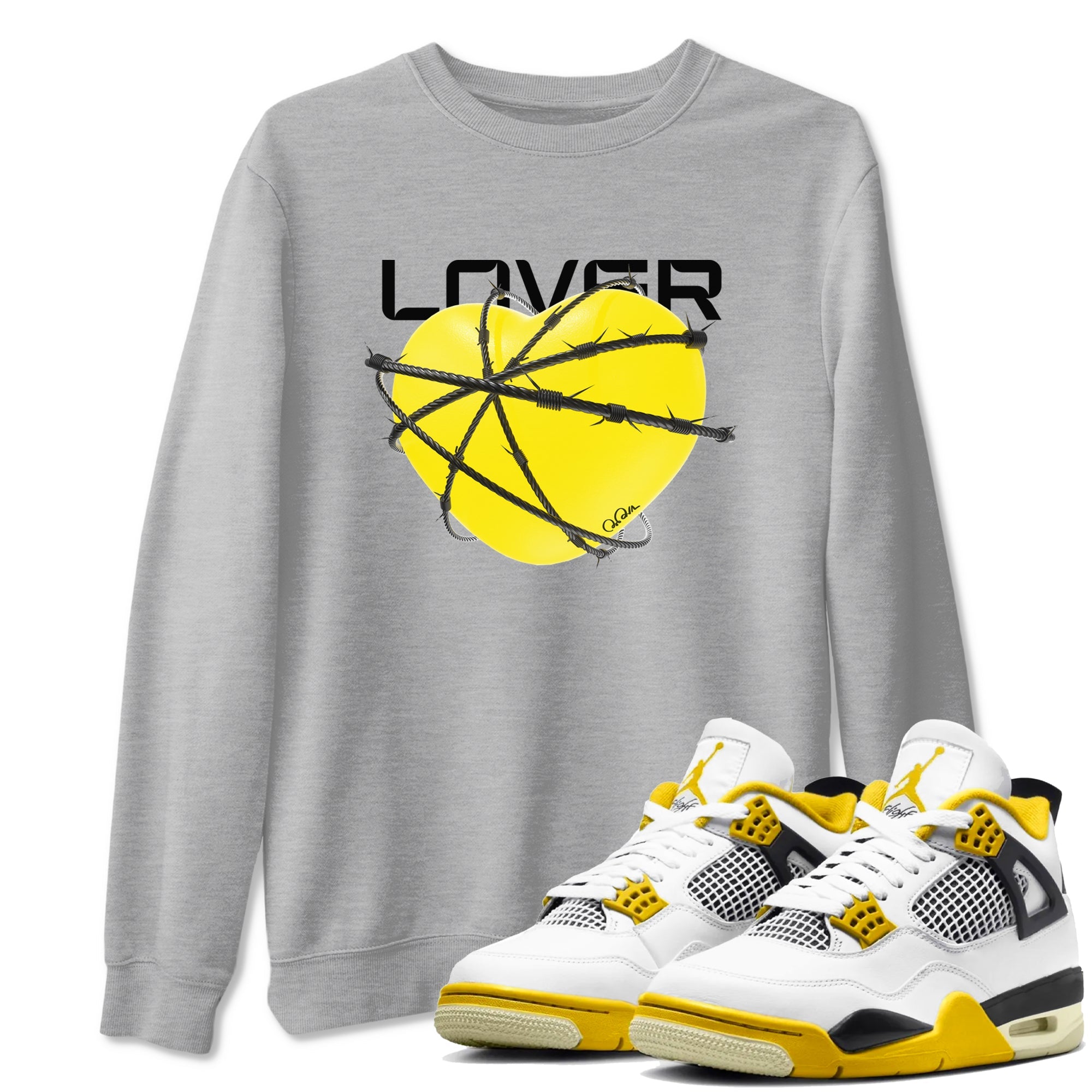 AJ4 Vivid Sulfur shirt to match jordans Heart Lover sneaker tees Air Jordan 4 Vivid Sulfur Drip Gear Zone unisex cotton Heather Grey 1 crew neck shirt