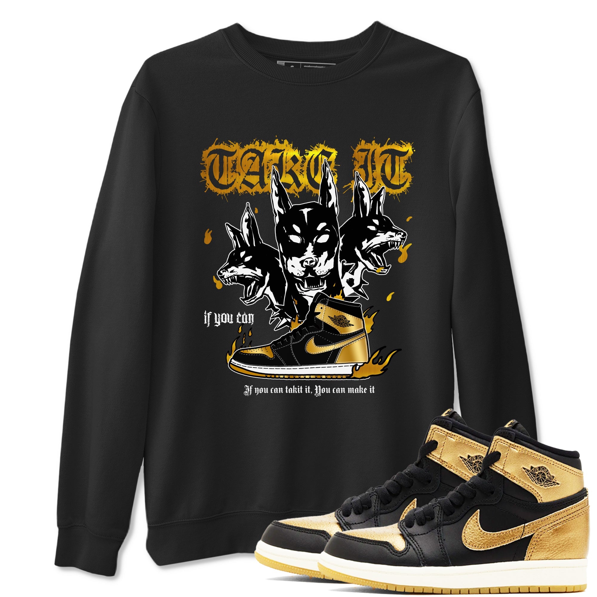 Air Jordan 1 High OG Black Metallic Gold shirts to match jordans Hell Hounds sneaker match tees Air Jordan 1 Retrp Black Metallic Gold Sneaker Shirts Drip Gear Zone streetwear brand Black 1 unisex cotton tee
