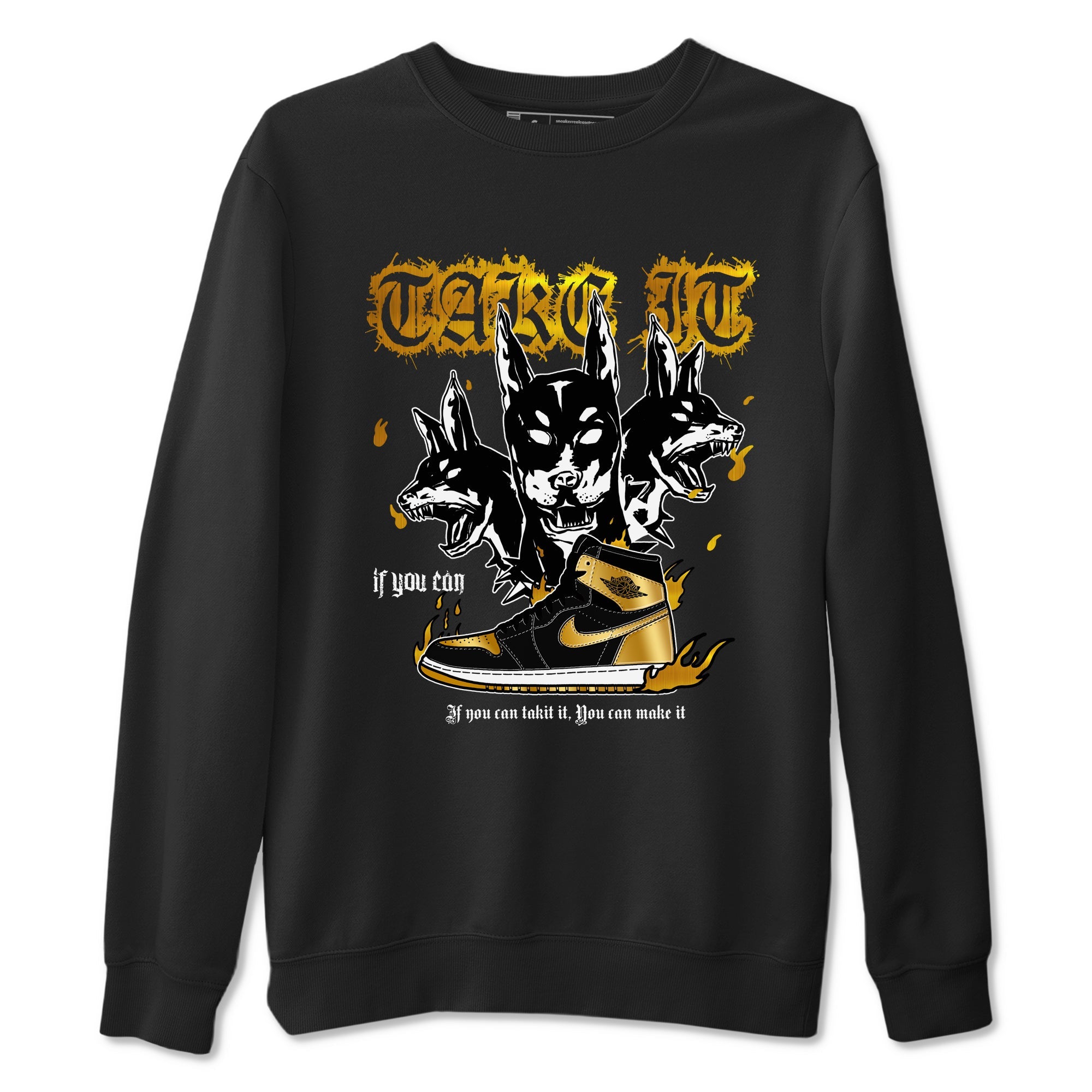 Air Jordan 1 High OG Black Metallic Gold shirts to match jordans Hell Hounds sneaker match tees Air Jordan 1 Retrp Black Metallic Gold Sneaker Shirts Drip Gear Zone streetwear brand Black 2 unisex cotton tee