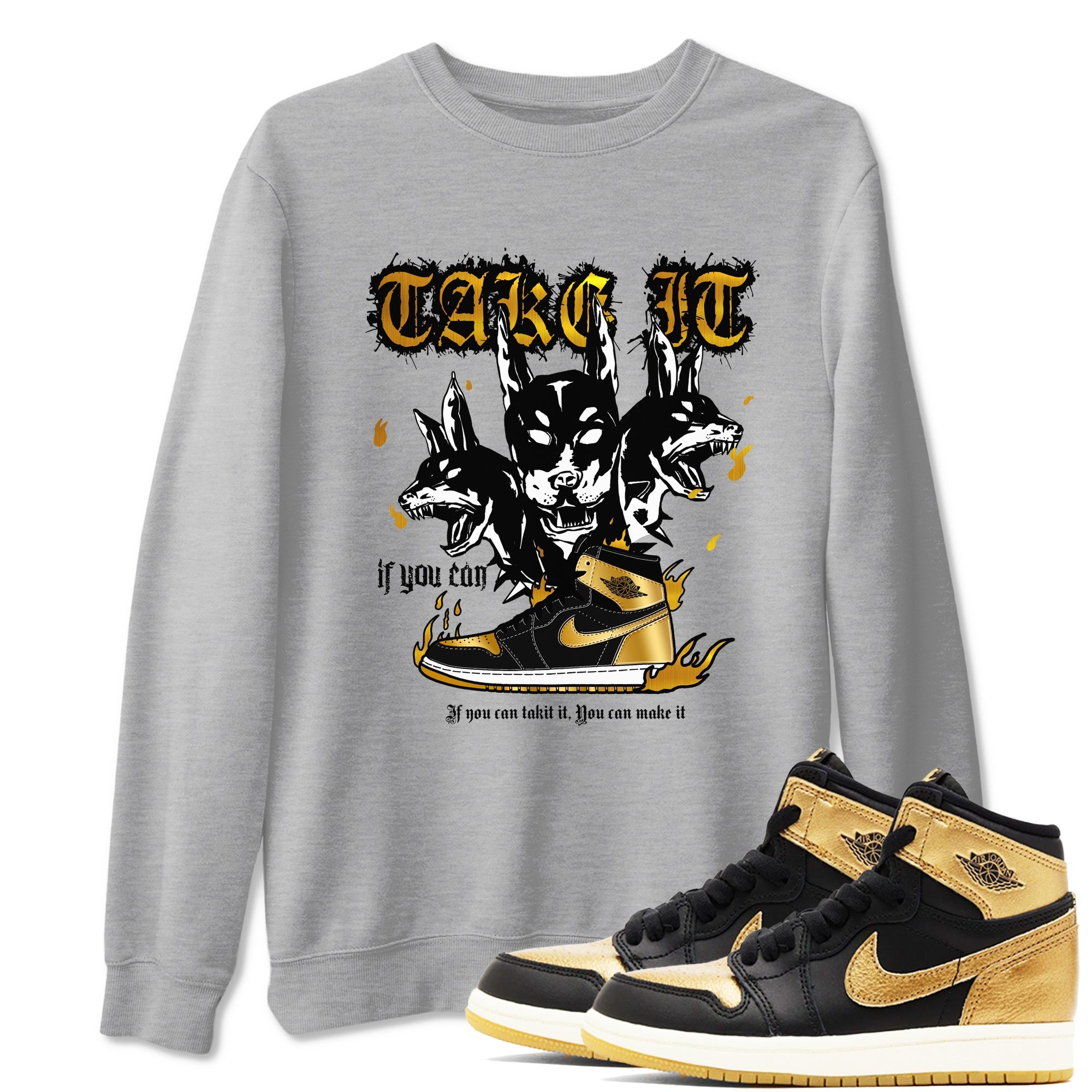 Air Jordan 1 High OG Black Metallic Gold shirts to match jordans Hell Hounds sneaker match tees Air Jordan 1 Retrp Black Metallic Gold Sneaker Shirts Drip Gear Zone streetwear brand Heather Grey 1 unisex cotton tee