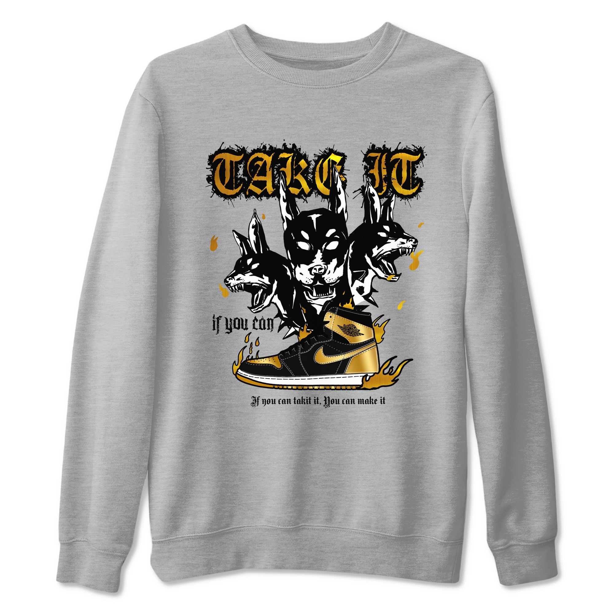 Air Jordan 1 High OG Black Metallic Gold shirts to match jordans Hell Hounds sneaker match tees Air Jordan 1 Retrp Black Metallic Gold Sneaker Shirts Drip Gear Zone streetwear brand Heather Grey 2 unisex cotton tee