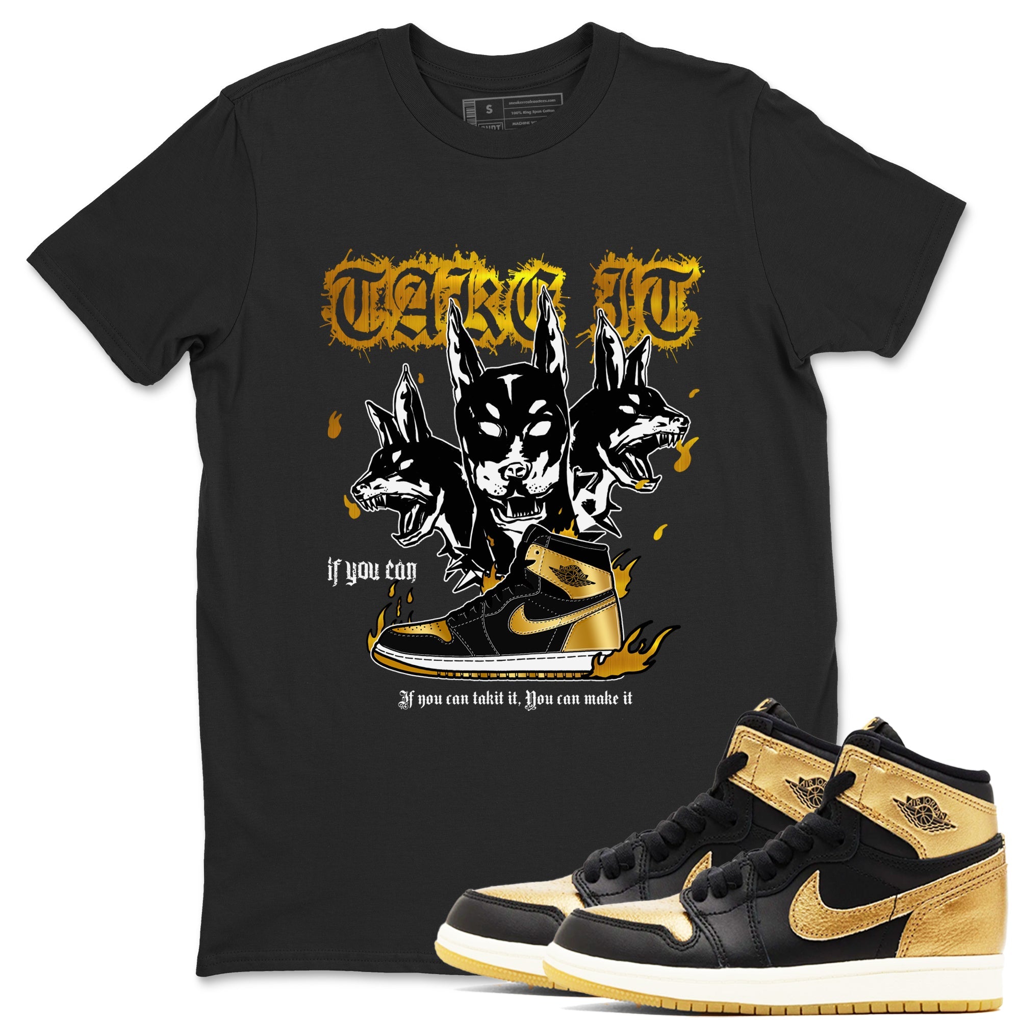 Air Jordan 1 High OG Black Metallic Gold shirts to match jordans Hell Hounds sneaker match tees Air Jordan 1 Retrp Black Metallic Gold Sneaker Shirts Drip Gear Zone streetwear brand Black 1 unisex cotton tee
