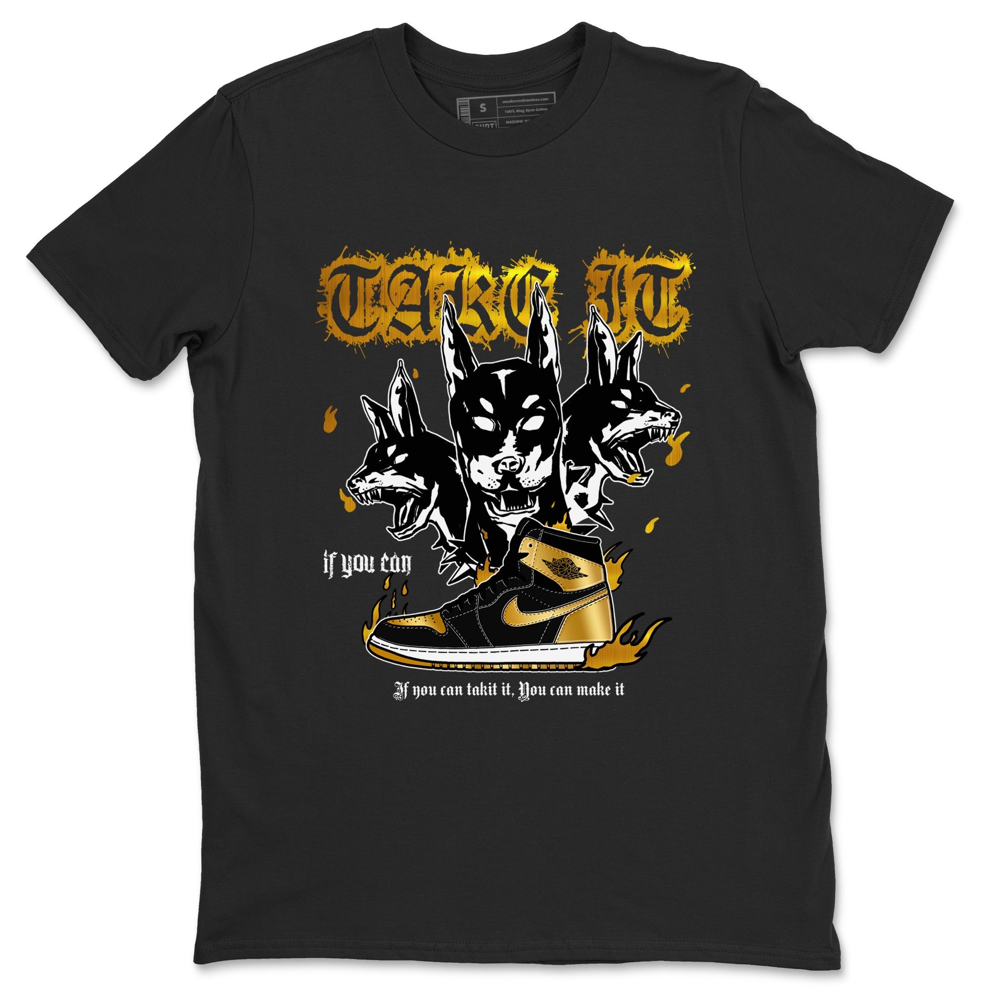 Air Jordan 1 High OG Black Metallic Gold shirts to match jordans Hell Hounds sneaker match tees Air Jordan 1 Retrp Black Metallic Gold Sneaker Shirts Drip Gear Zone streetwear brand Black 2 unisex cotton tee
