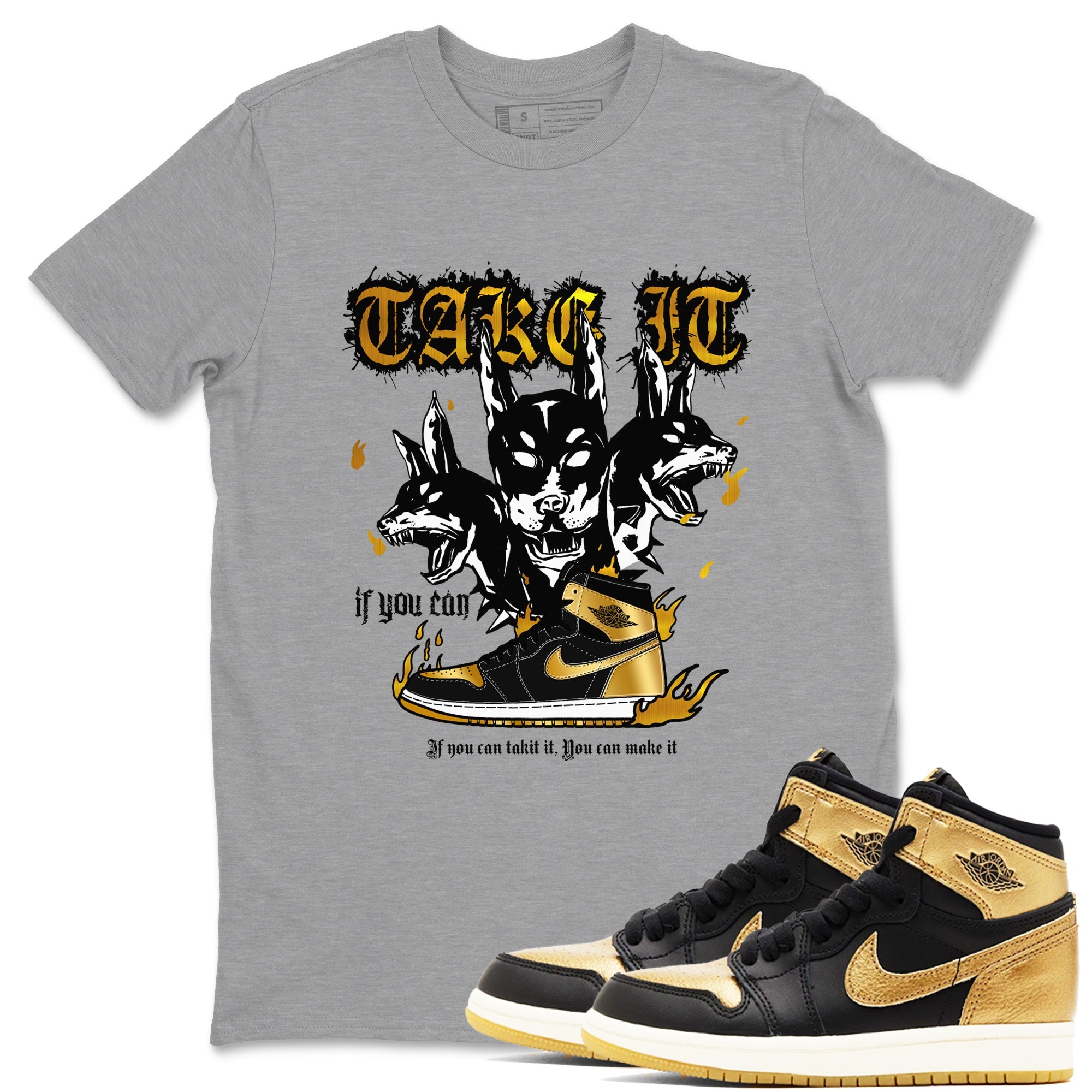 Air Jordan 1 High OG Black Metallic Gold shirts to match jordans Hell Hounds sneaker match tees Air Jordan 1 Retrp Black Metallic Gold Sneaker Shirts Drip Gear Zone streetwear brand Heather Grey 1 unisex cotton tee