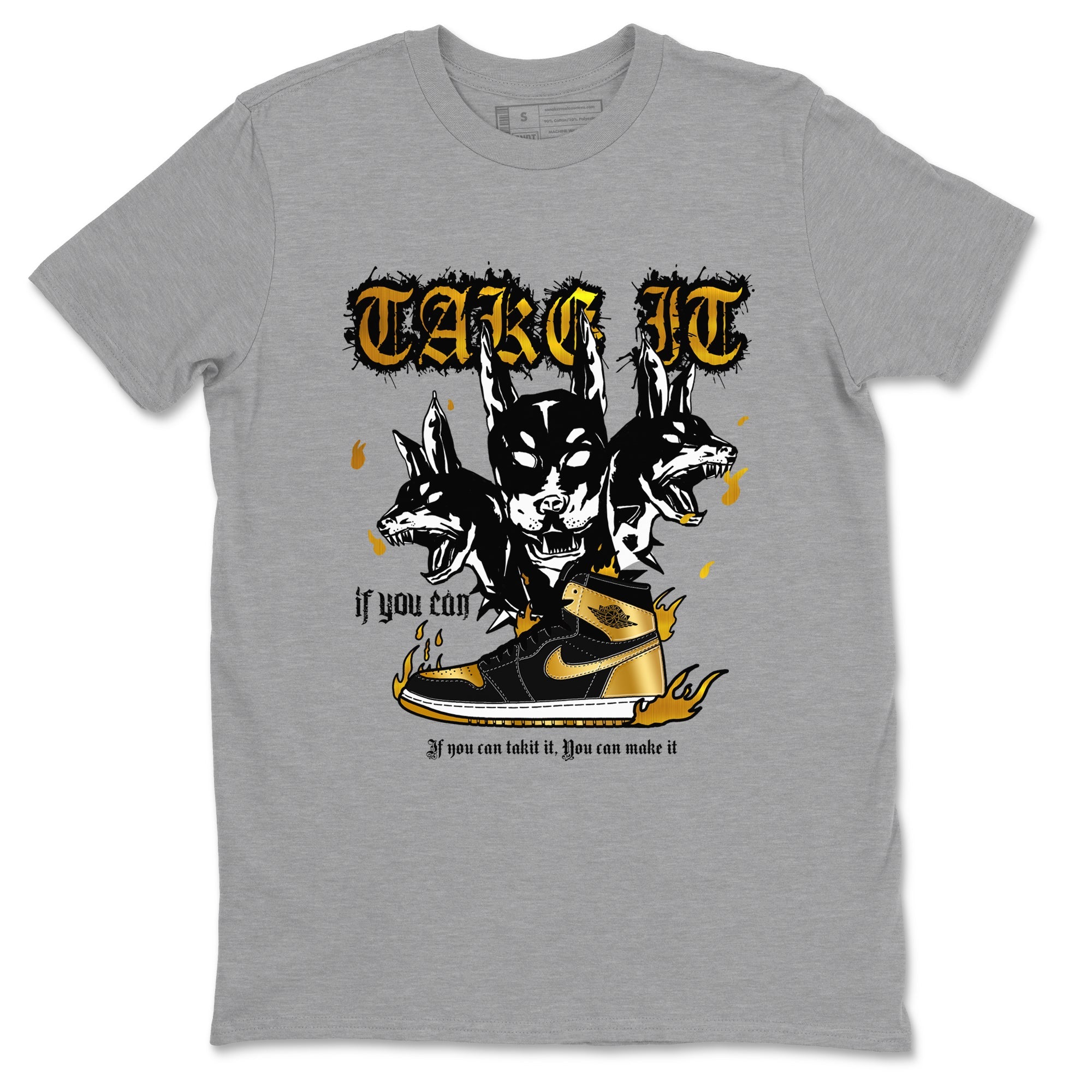 Air Jordan 1 High OG Black Metallic Gold shirts to match jordans Hell Hounds sneaker match tees Air Jordan 1 Retrp Black Metallic Gold Sneaker Shirts Drip Gear Zone streetwear brand Heather Grey 2 unisex cotton tee