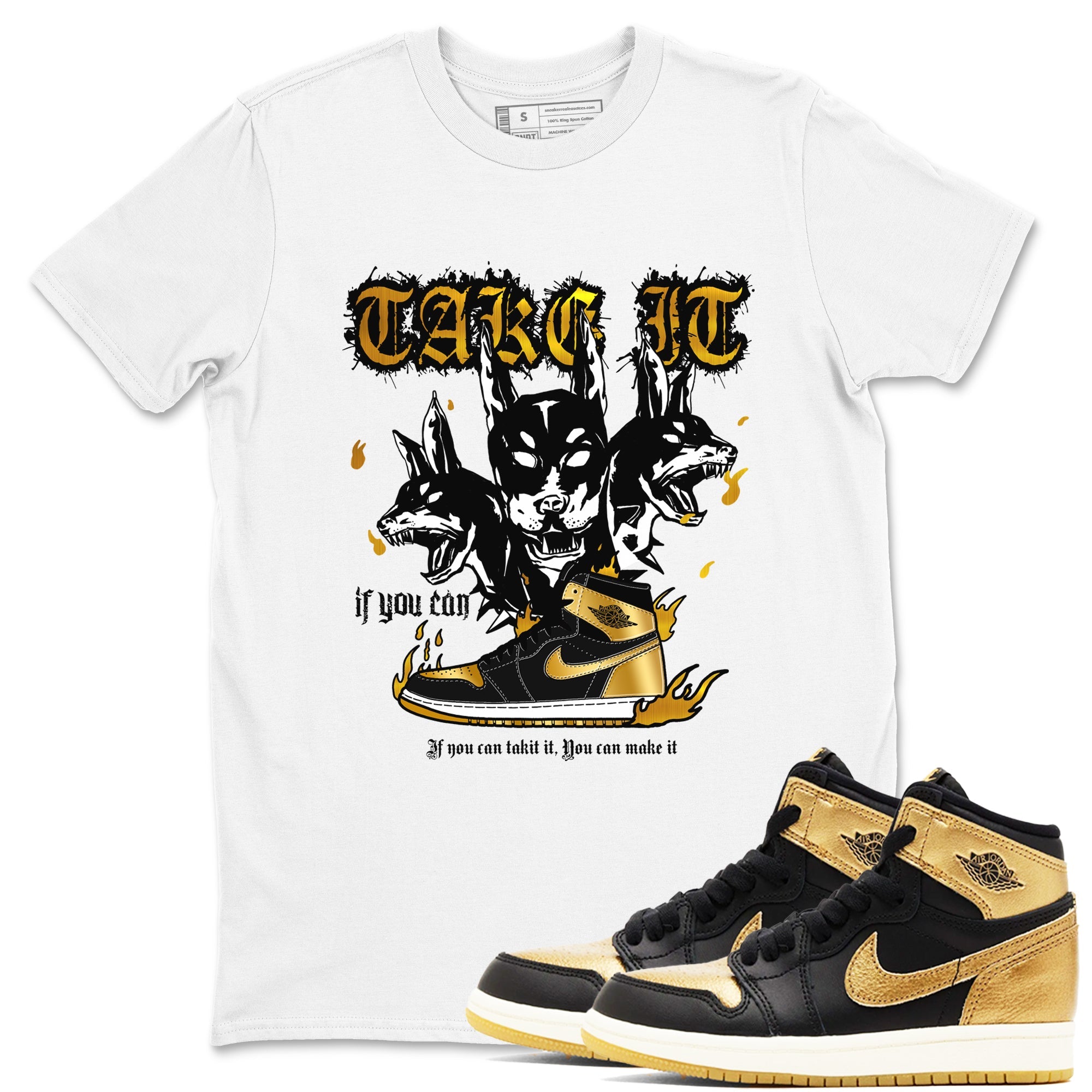 Air Jordan 1 High OG Black Metallic Gold shirts to match jordans Hell Hounds sneaker match tees Air Jordan 1 Retrp Black Metallic Gold Sneaker Shirts Drip Gear Zone streetwear brand White 1 unisex cotton tee