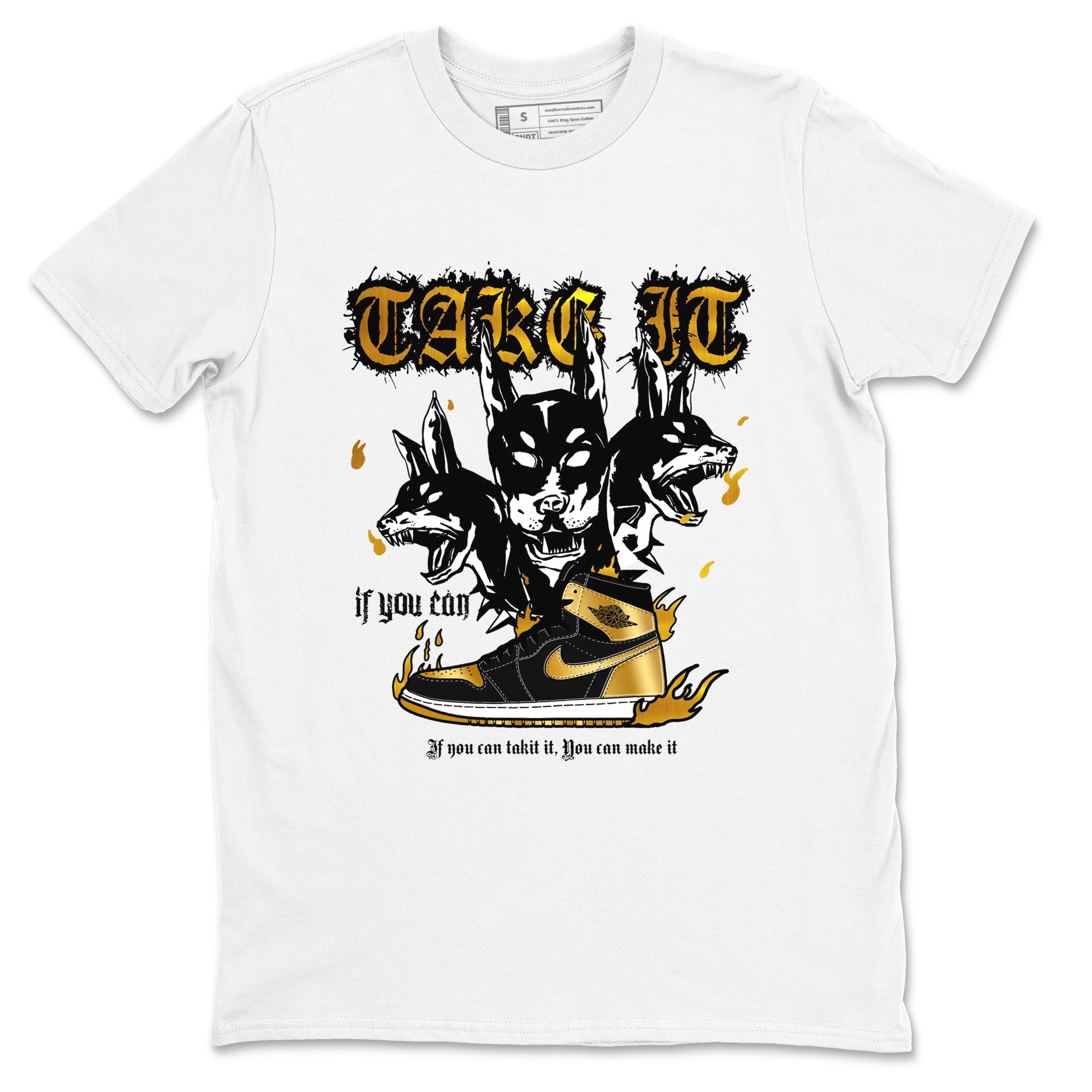 Air Jordan 1 High OG Black Metallic Gold shirts to match jordans Hell Hounds sneaker match tees Air Jordan 1 Retrp Black Metallic Gold Sneaker Shirts Drip Gear Zone streetwear brand White 2 unisex cotton tee