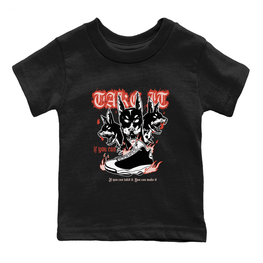 Air Jordan 13 Dune Red shirts to match jordans Hell Hounds sneaker match tees AJ13 Dune Red Sneaker Shirts Drip Gear Zone streetwear brand Baby and Youth Black 2 cotton tee
