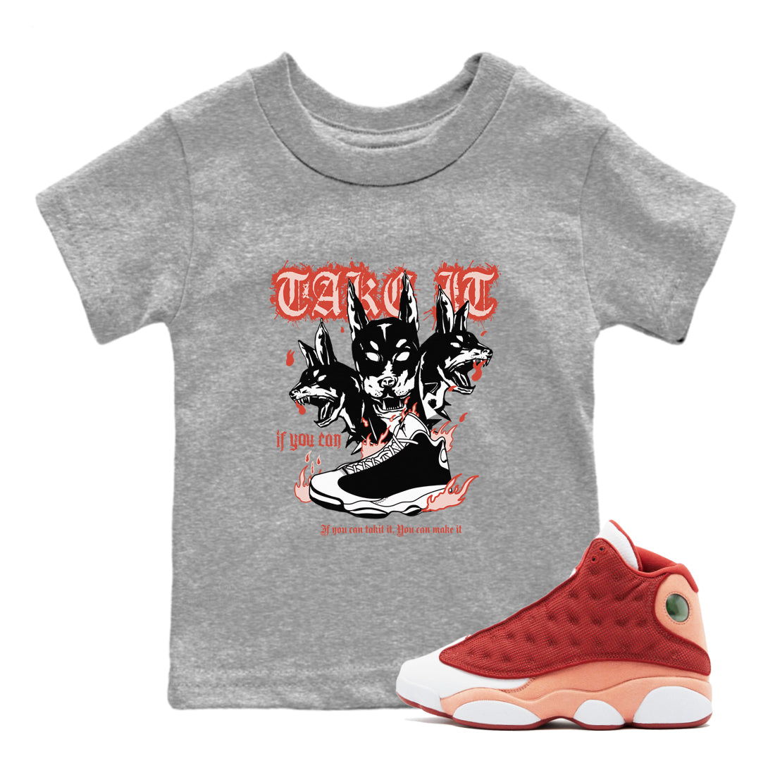 Air Jordan 13 Dune Red shirts to match jordans Hell Hounds sneaker match tees AJ13 Dune Red Sneaker Shirts Drip Gear Zone streetwear brand Baby and Youth Heather Grey 1 cotton tee