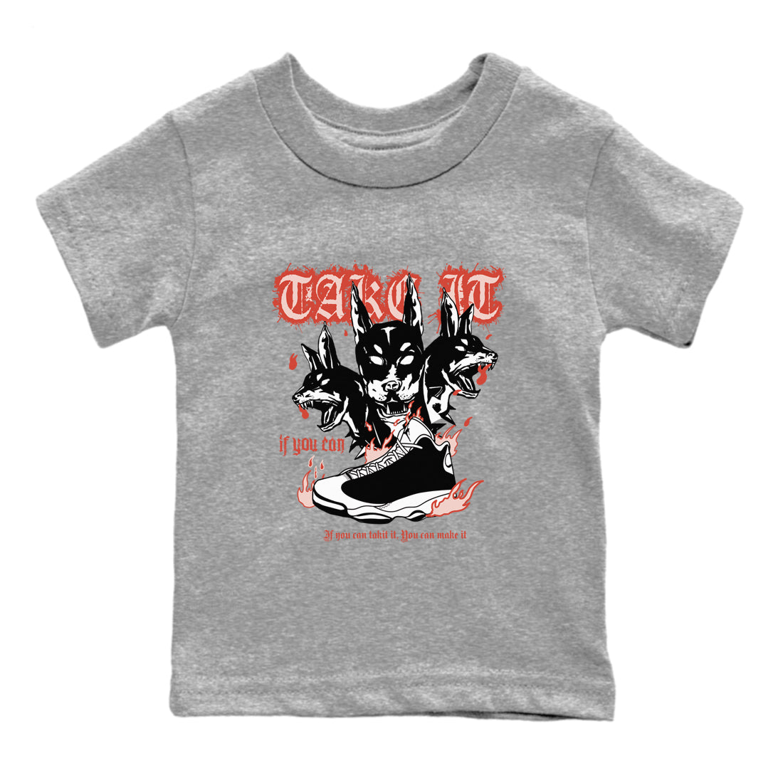 Air Jordan 13 Dune Red shirts to match jordans Hell Hounds sneaker match tees AJ13 Dune Red Sneaker Shirts Drip Gear Zone streetwear brand Baby and Youth Heather Grey 2 cotton tee