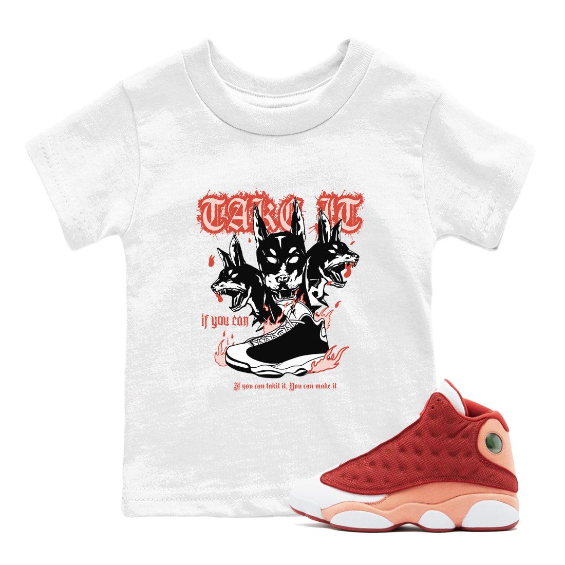 Air Jordan 13 Dune Red shirts to match jordans Hell Hounds sneaker match tees AJ13 Dune Red Sneaker Shirts Drip Gear Zone streetwear brand Baby and Youth White 1 cotton tee