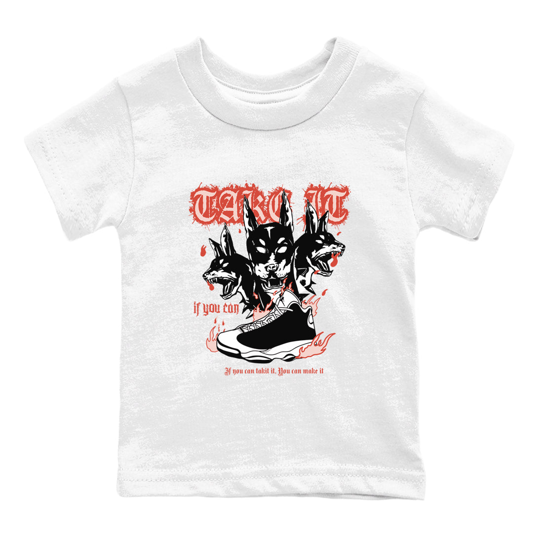 Air Jordan 13 Dune Red shirts to match jordans Hell Hounds sneaker match tees AJ13 Dune Red Sneaker Shirts Drip Gear Zone streetwear brand Baby and Youth White 2 cotton tee