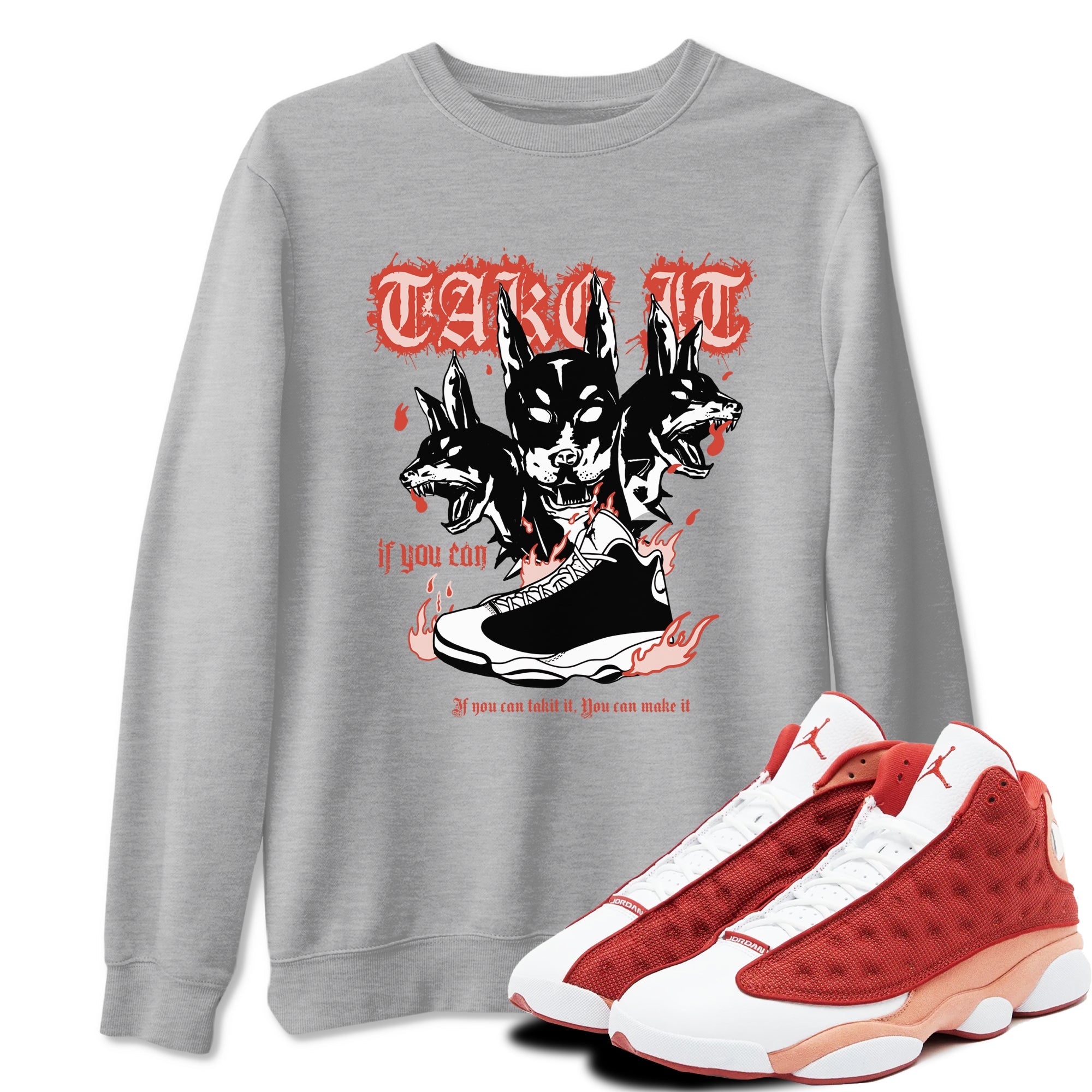 Air Jordan 13 Dune Red shirts to match jordans Hell Hounds sneaker match tees AJ13 Dune Red Sneaker Shirts Drip Gear Zone streetwear brand Heather Grey 1 unisex cotton tee