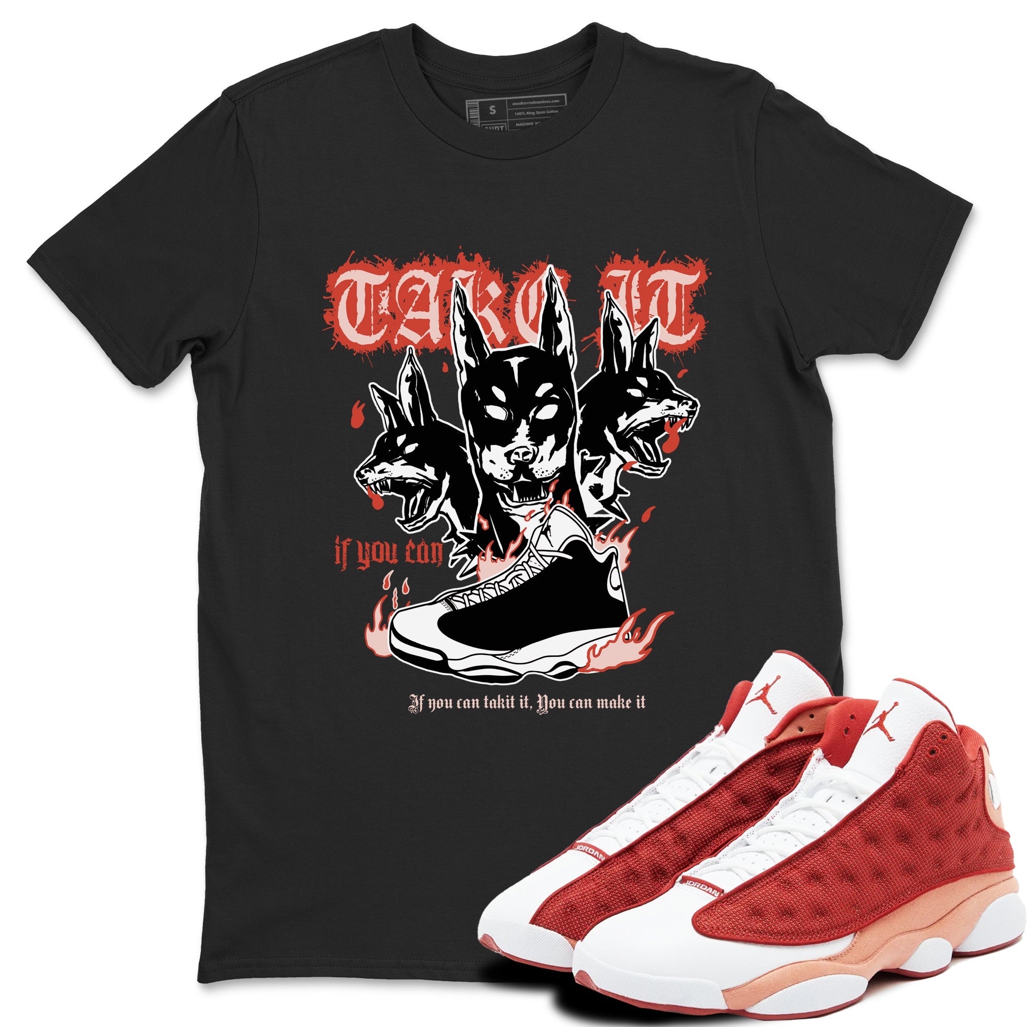 Air Jordan 13 Dune Red shirts to match jordans Hell Hounds sneaker match tees AJ13 Dune Red Sneaker Shirts Drip Gear Zone streetwear brand Black 1 unisex cotton tee