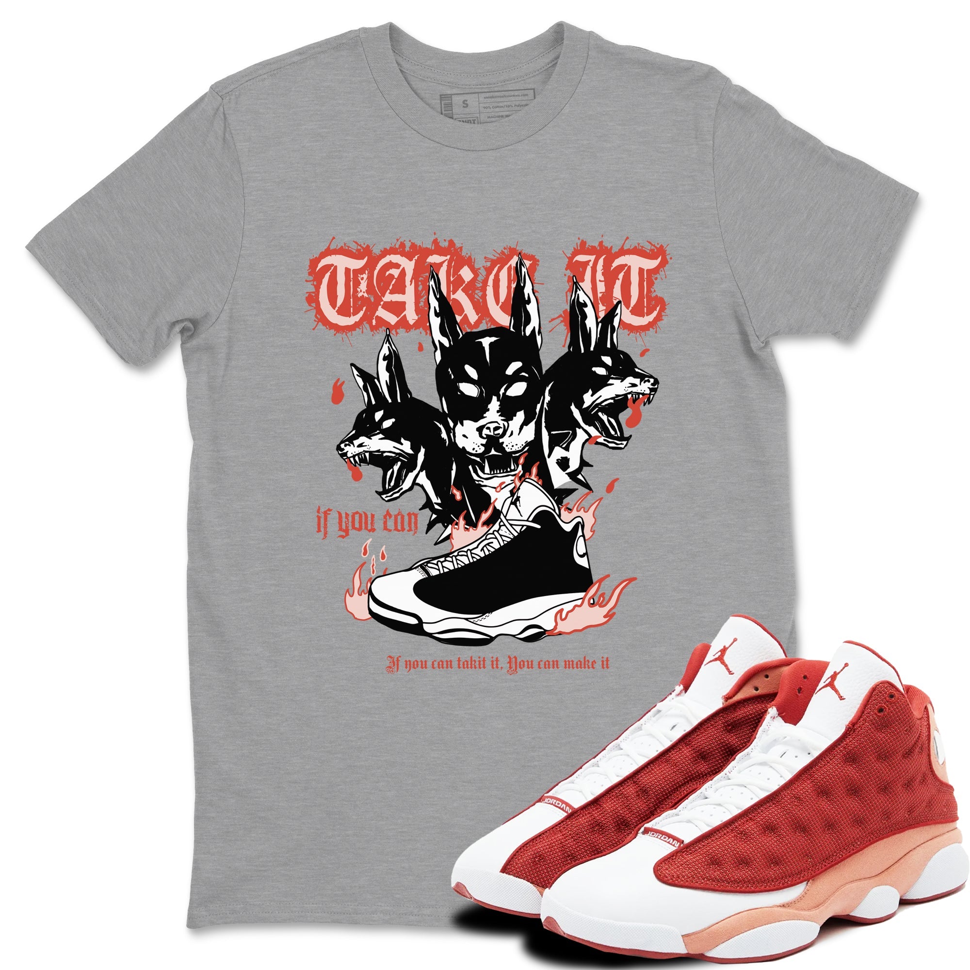 Air Jordan 13 Dune Red shirts to match jordans Hell Hounds sneaker match tees AJ13 Dune Red Sneaker Shirts Drip Gear Zone streetwear brand Heather Grey 1 unisex cotton tee