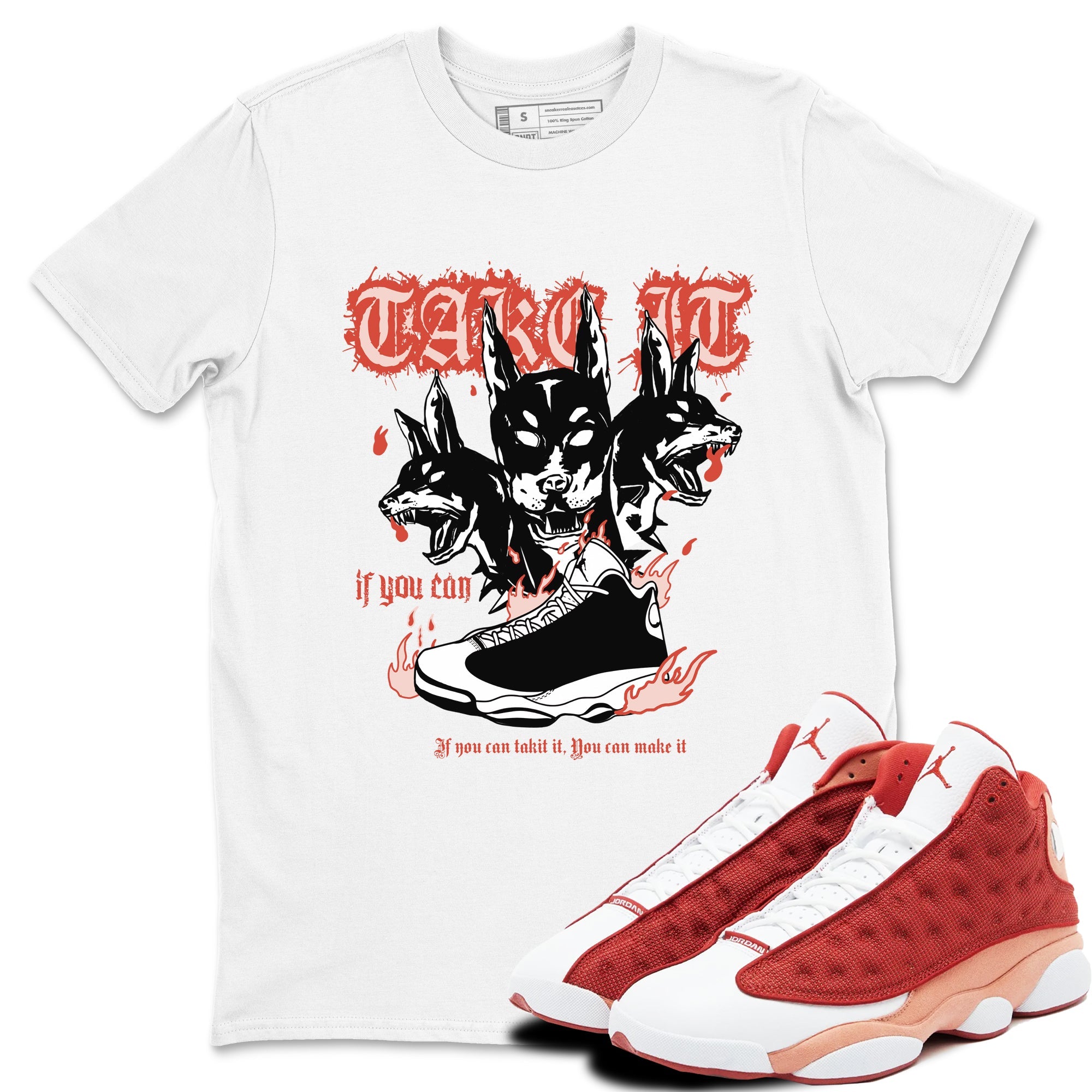 Air Jordan 13 Dune Red shirts to match jordans Hell Hounds sneaker match tees AJ13 Dune Red Sneaker Shirts Drip Gear Zone streetwear brand White 1 unisex cotton tee