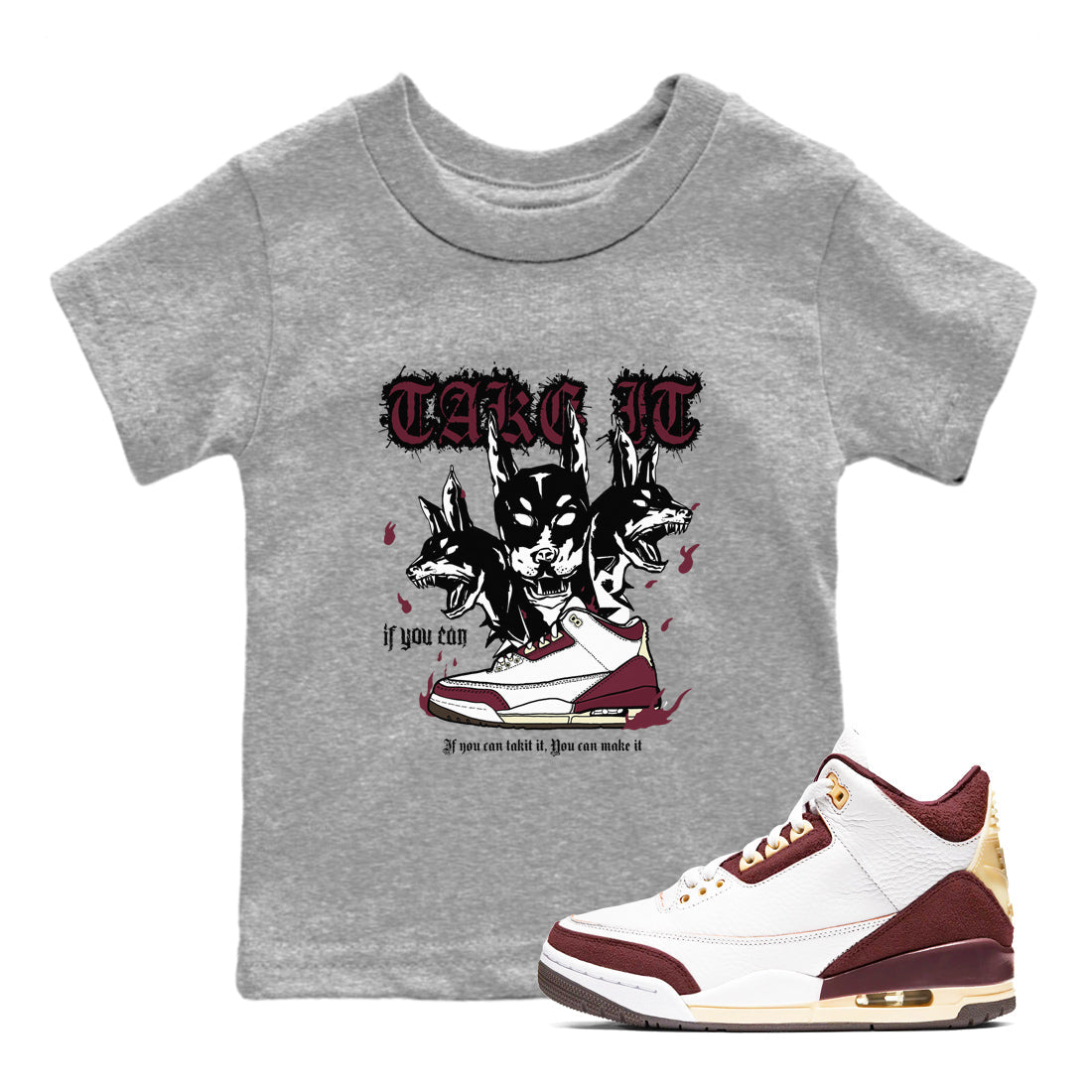 AJ3 A Ma Maniere x Burgundy Crush shirts to match jordans Hell Hounds sneaker match tees A Ma Maniére x Air Jordan 3 "Burgundy Crush" Drip Gear Zone streetwear brand Baby and Youth Heather Grey 1 cotton tee
