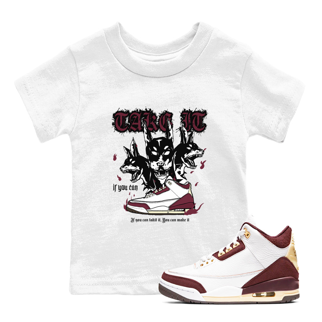 AJ3 A Ma Maniere x Burgundy Crush shirts to match jordans Hell Hounds sneaker match tees A Ma Maniére x Air Jordan 3 "Burgundy Crush" Drip Gear Zone streetwear brand Baby and Youth White 1 cotton tee