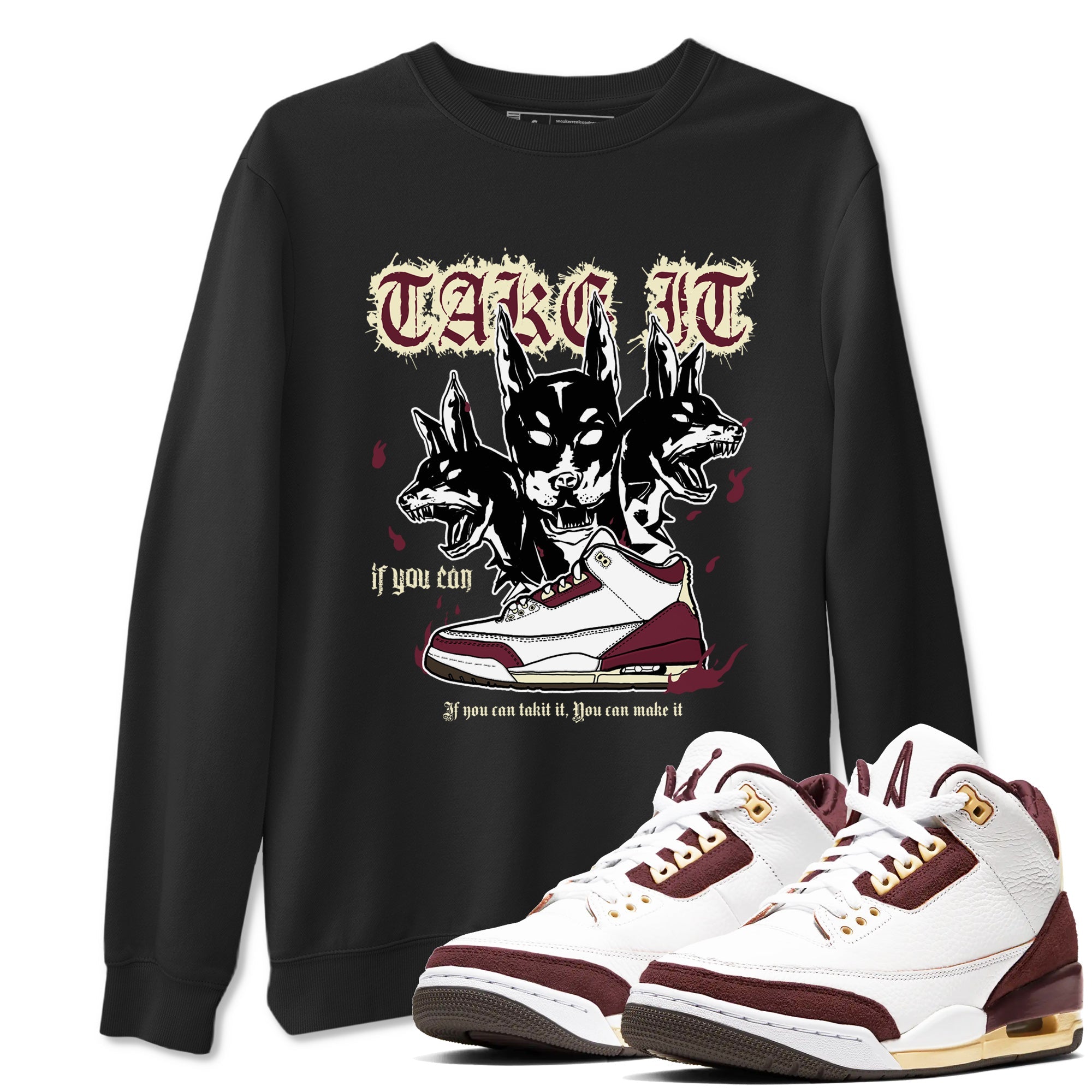 AJ3 A Ma Maniere x Burgundy Crush shirts to match jordans Hell Hounds sneaker match tees A Ma Maniére x Air Jordan 3 "Burgundy Crush" Drip Gear Zone streetwear brand Black 1 unisex cotton tee