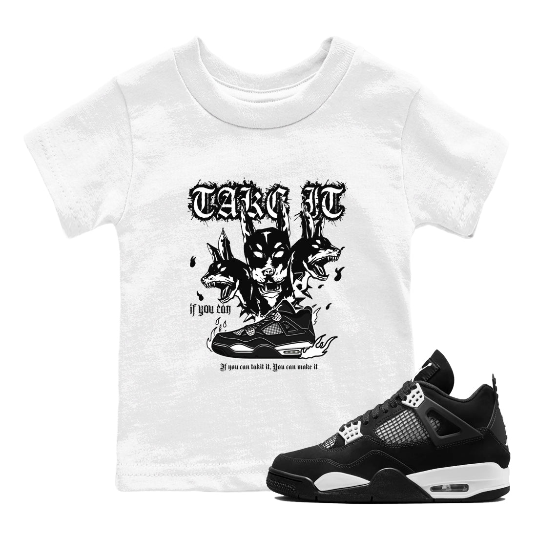 Air Jordan 4 White Thunder shirts to match jordans Hell Hounds sneaker match tees 4s White Thunder Sneaker Shirts Drip Gear Zone streetwear brand Baby and Youth White 1 cotton tee