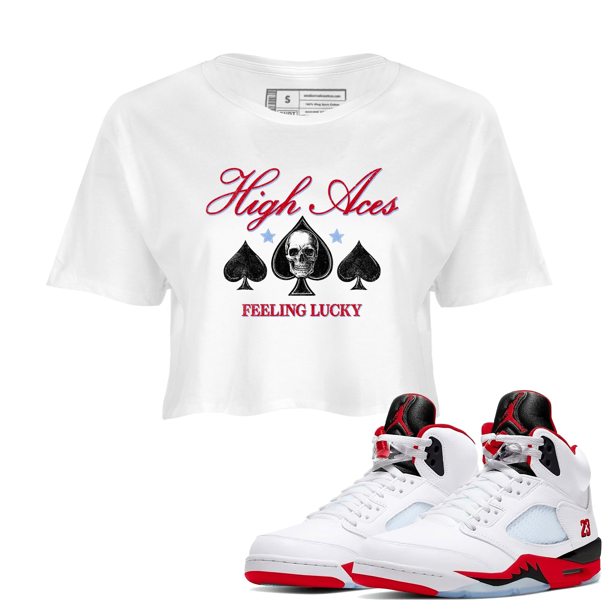 Sneaker match tees  Sneaker Tees To Match Air Jordan 5 Fire Red Shoes  High Aces Crop T-Shirt White 1
