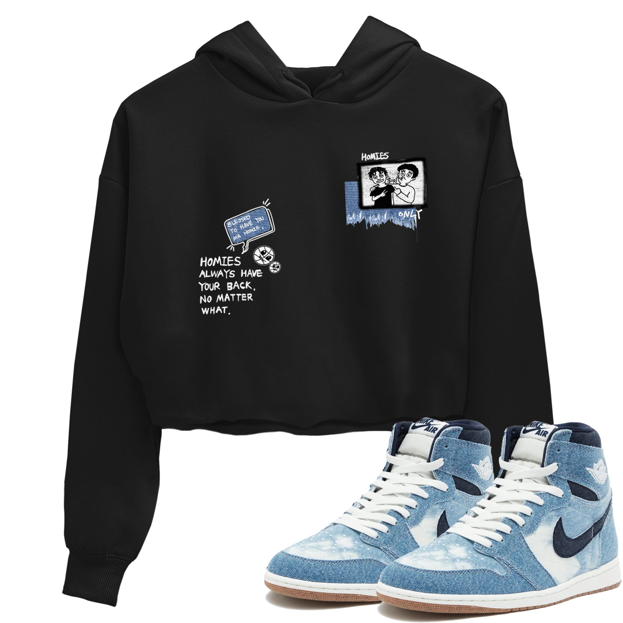 1s Denim shirts to match jordans Homies Only sneaker match tees Air Jordan 1 Denim Drip Gear Zone streetwear brand Black 1 crop tee