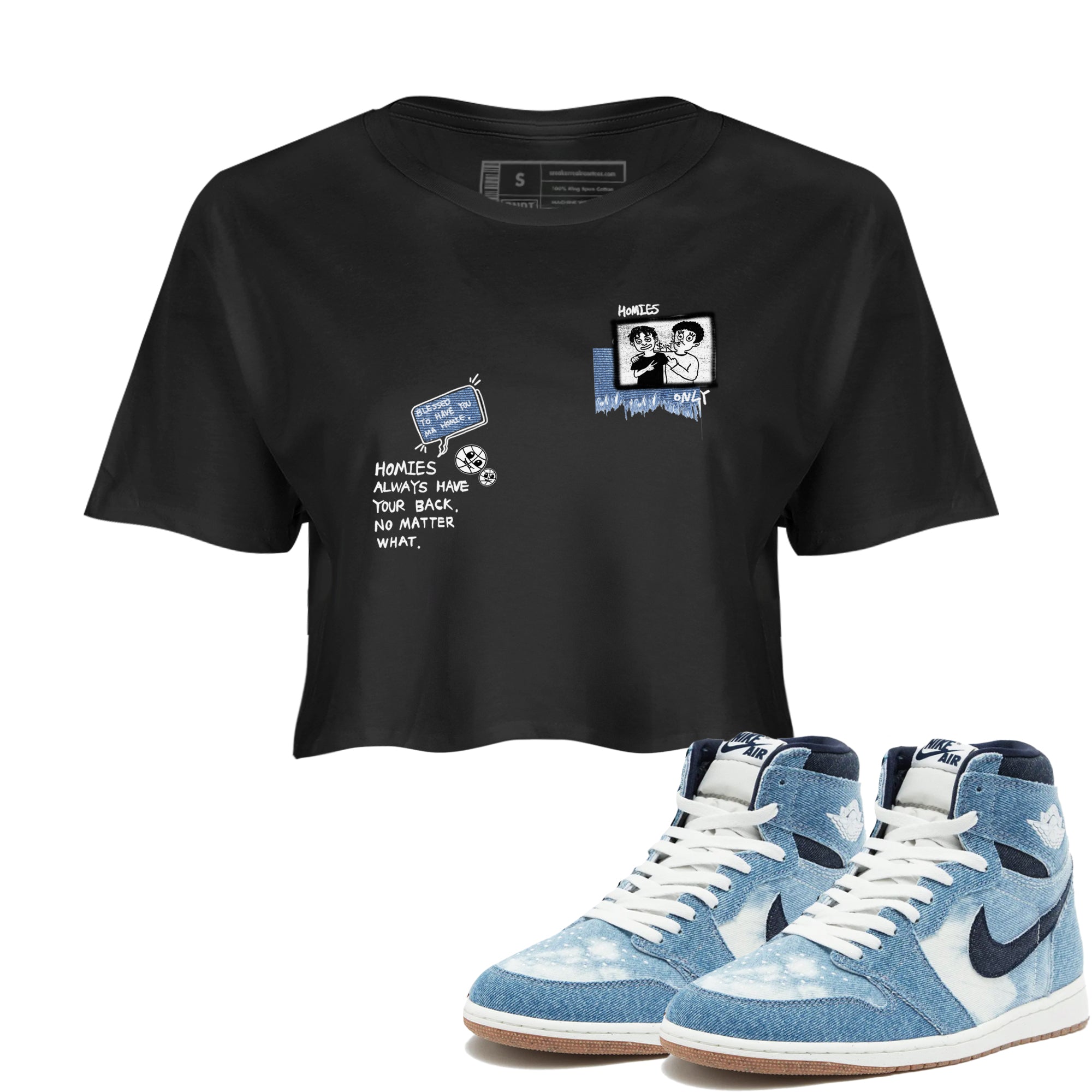 1s Denim shirts to match jordans Homies Only sneaker match tees Air Jordan 1 Denim Drip Gear Zone streetwear brand Black 1 crop tee