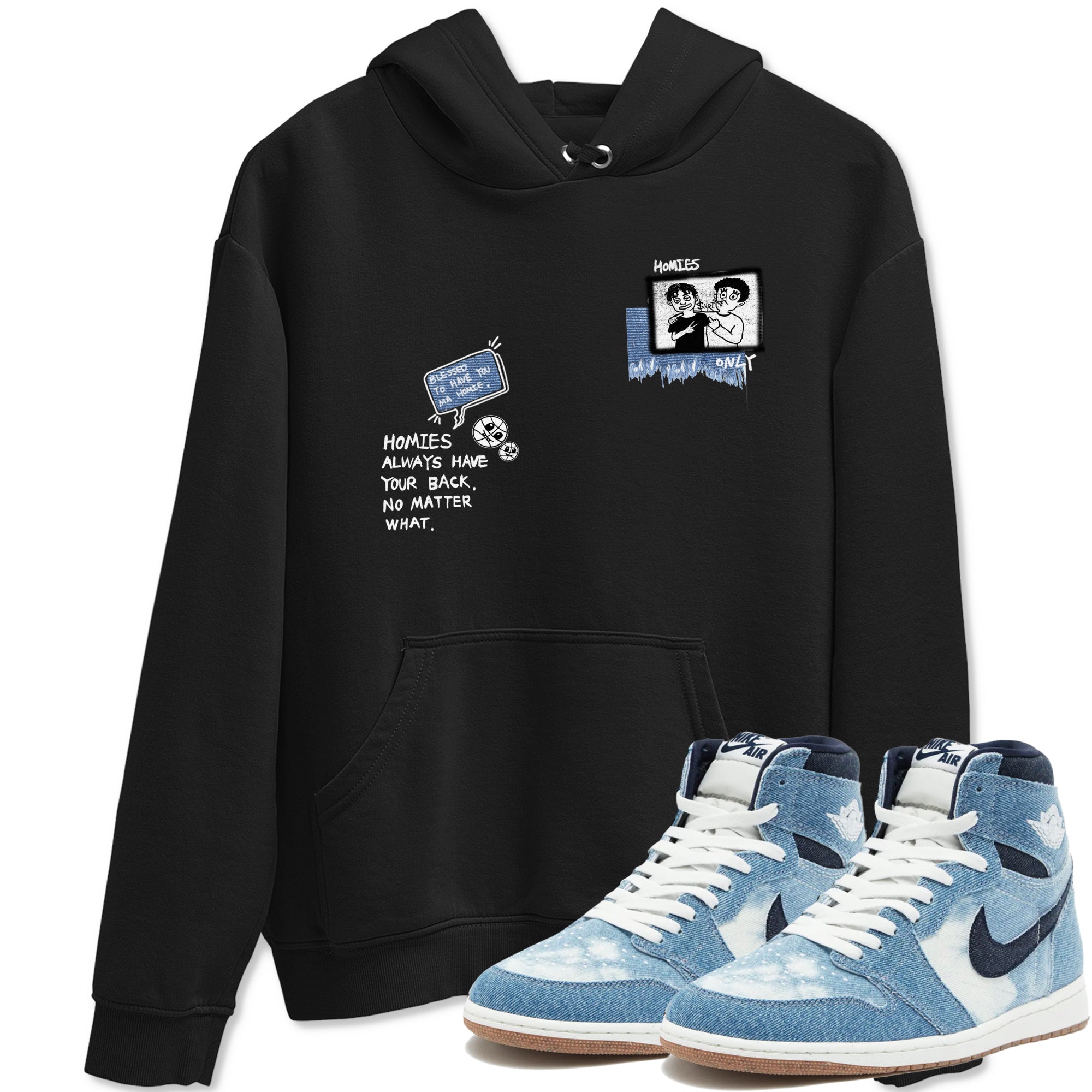 1s Denim shirts to match jordans Homies Only sneaker match tees Air Jordan 1 Denim Drip Gear Zone streetwear brand Black 1 unisex cotton tee