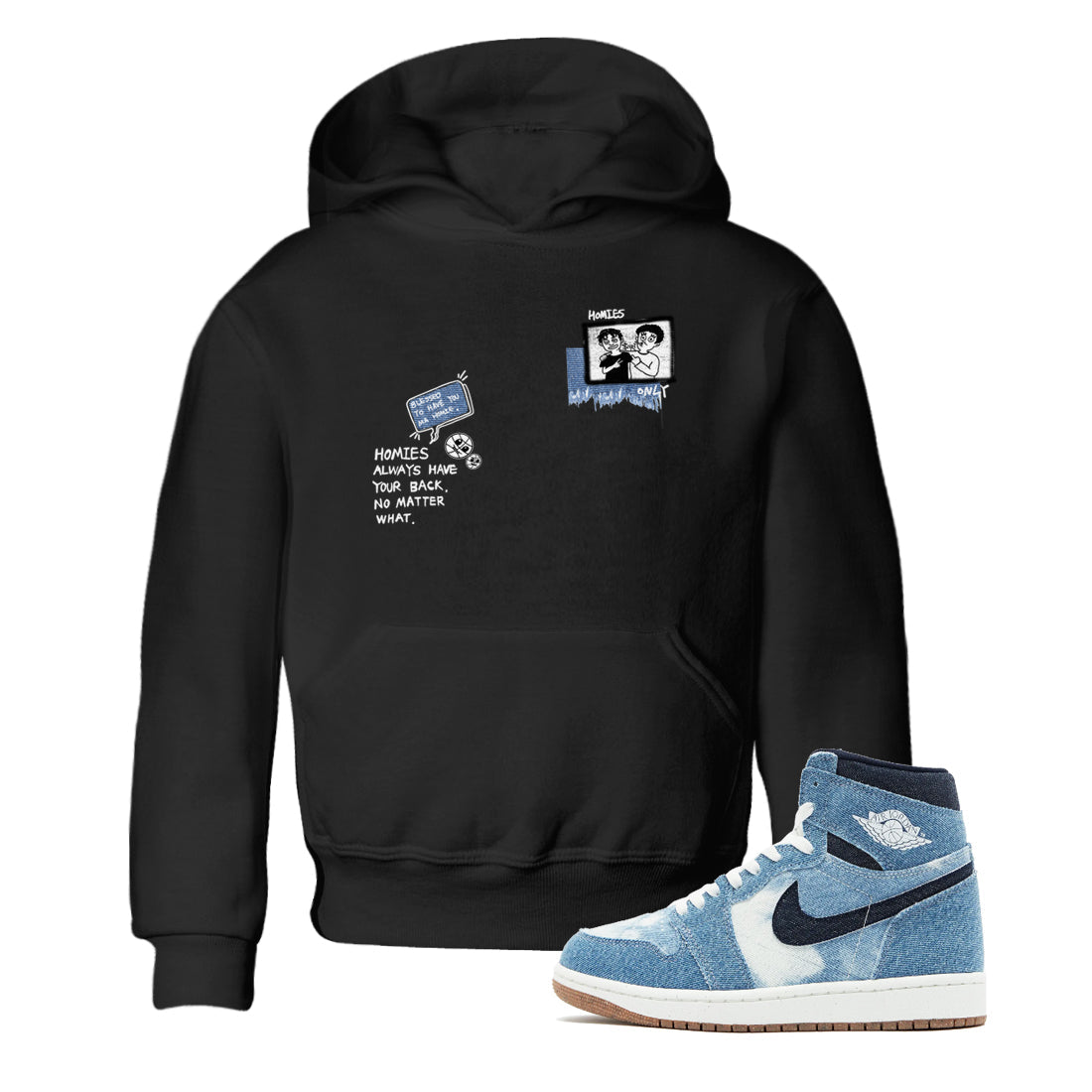 1s Denim shirts to match jordans Homies Only sneaker match tees Air Jordan 1 Denim Drip Gear Zone streetwear brand Baby and Youth Black 1 cotton tee