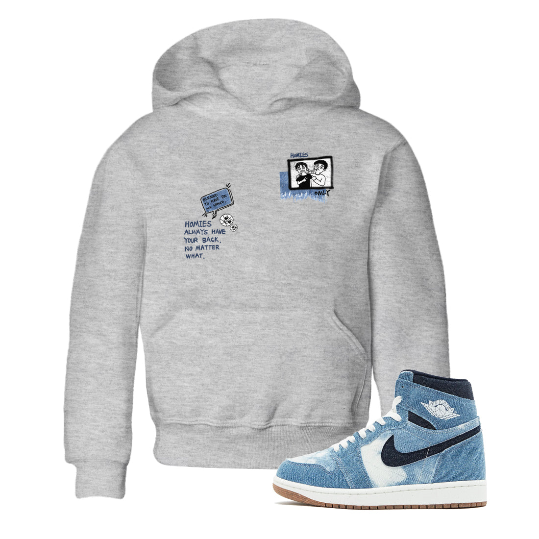 1s Denim shirts to match jordans Homies Only sneaker match tees Air Jordan 1 Denim Drip Gear Zone streetwear brand Baby and Youth Heather Grey 1 cotton tee