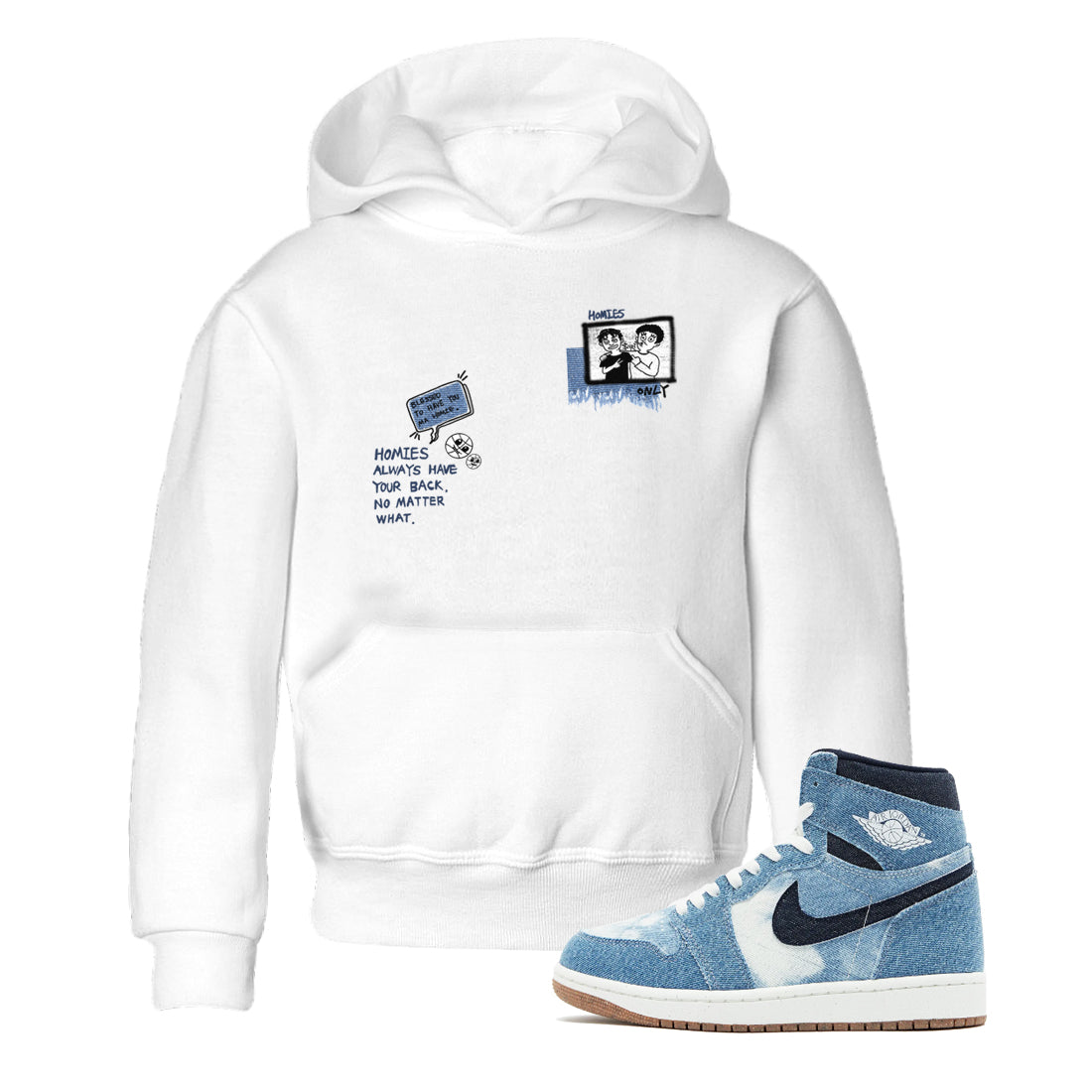 1s Denim shirts to match jordans Homies Only sneaker match tees Air Jordan 1 Denim Drip Gear Zone streetwear brand Baby and Youth White 1 cotton tee
