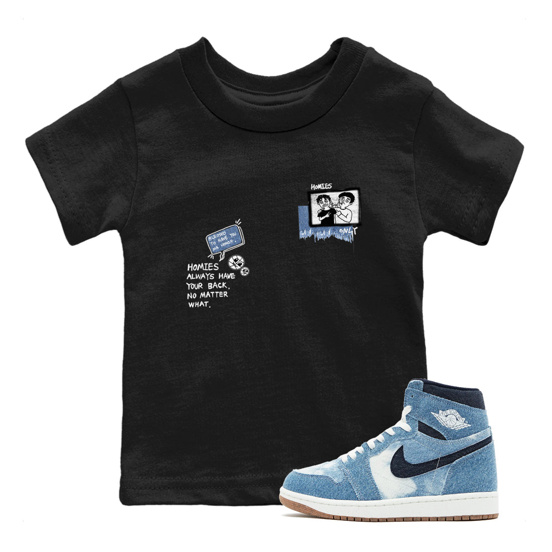 1s Denim shirts to match jordans Homies Only sneaker match tees Air Jordan 1 Denim Drip Gear Zone streetwear brand Baby and Youth Black 1 cotton tee