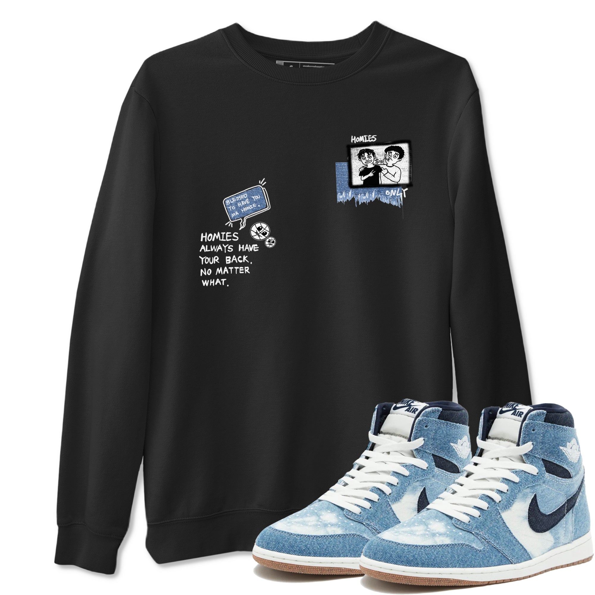 1s Denim shirts to match jordans Homies Only sneaker match tees Air Jordan 1 Denim Drip Gear Zone streetwear brand Black 1 unisex cotton tee