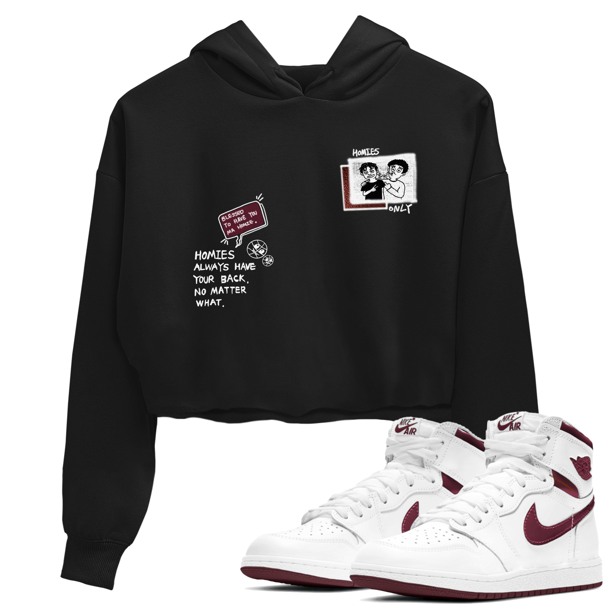 AJ1 High '85 Metallic Burgundy shirts to match jordans Homies Only sneaker match tees 1s High '85 Metallic Burgundy Drip Gear Zone streetwear brand Black 1 crop tee