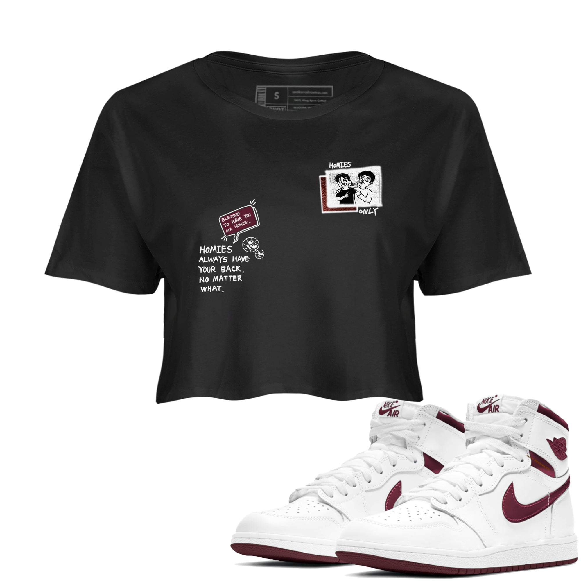 AJ1 High '85 Metallic Burgundy shirts to match jordans Homies Only sneaker match tees 1s High '85 Metallic Burgundy Drip Gear Zone streetwear brand Black 1 crop tee