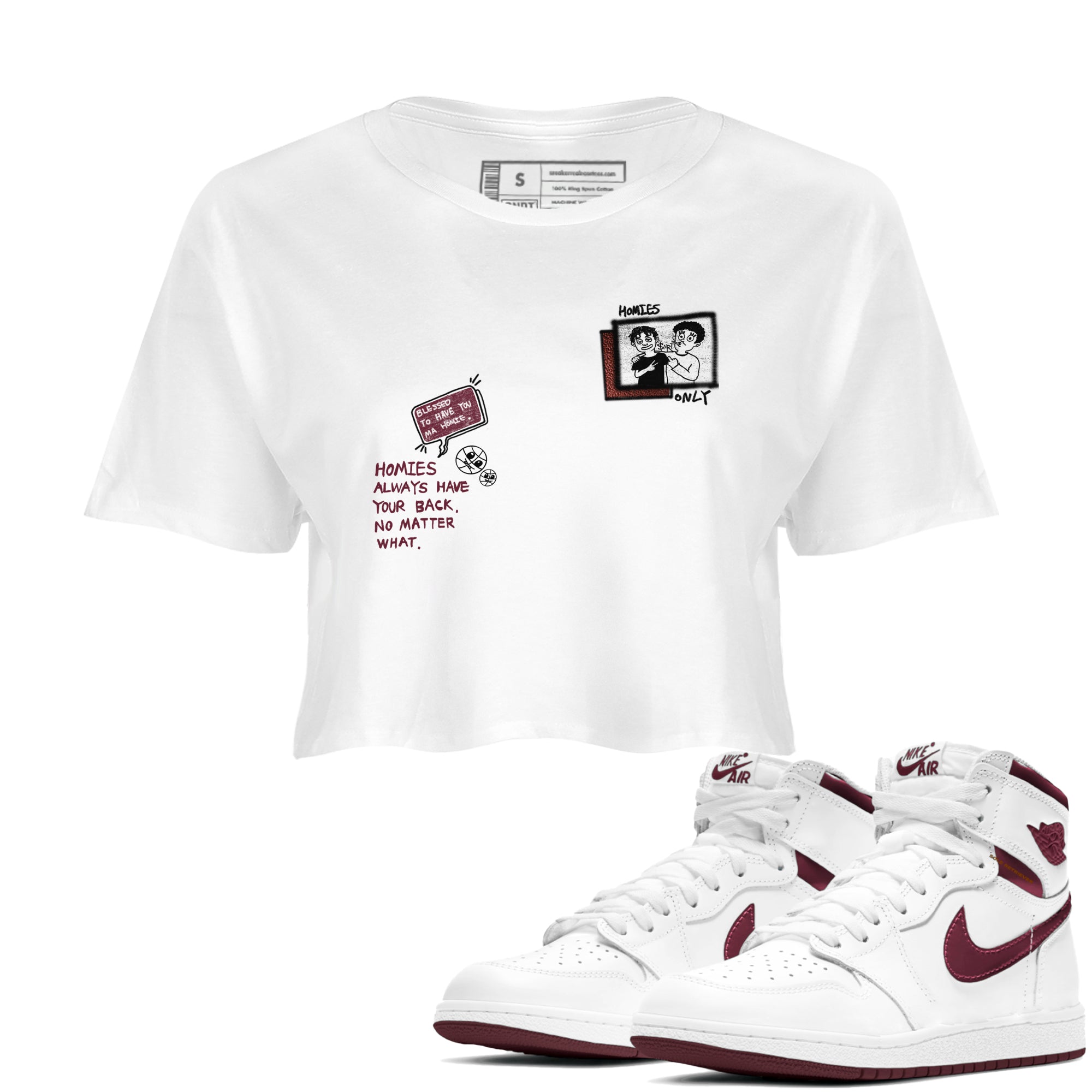 AJ1 High '85 Metallic Burgundy shirts to match jordans Homies Only sneaker match tees 1s High '85 Metallic Burgundy Drip Gear Zone streetwear brand White 1 crop tee