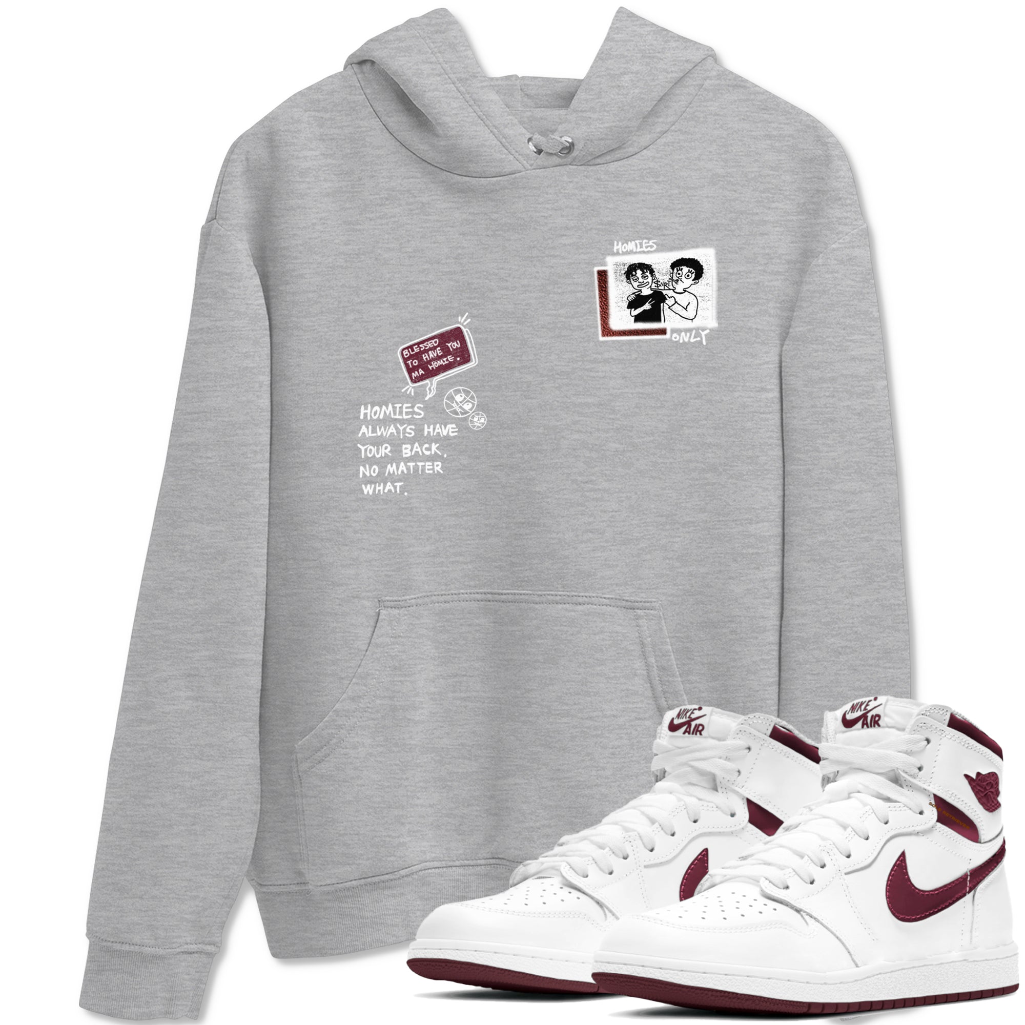 AJ1 High '85 Metallic Burgundy shirts to match jordans Homies Only sneaker match tees 1s High '85 Metallic Burgundy Drip Gear Zone streetwear brand Heather Grey 1 unisex cotton tee
