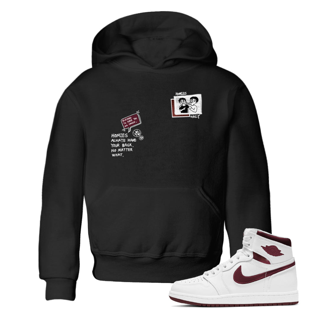 AJ1 High '85 Metallic Burgundy shirts to match jordans Homies Only sneaker match tees 1s High '85 Metallic Burgundy Drip Gear Zone streetwear brand Baby and Youth Black 1 cotton tee
