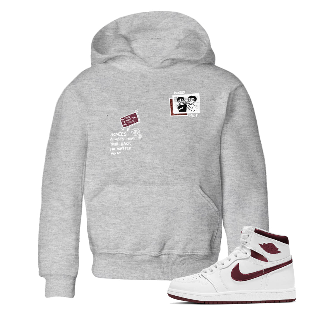 AJ1 High '85 Metallic Burgundy shirts to match jordans Homies Only sneaker match tees 1s High '85 Metallic Burgundy Drip Gear Zone streetwear brand Baby and Youth Heather Grey 1 cotton tee