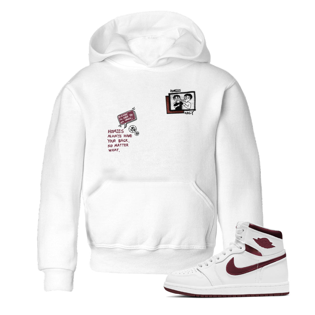 AJ1 High '85 Metallic Burgundy shirts to match jordans Homies Only sneaker match tees 1s High '85 Metallic Burgundy Drip Gear Zone streetwear brand Baby and Youth White 1 cotton tee
