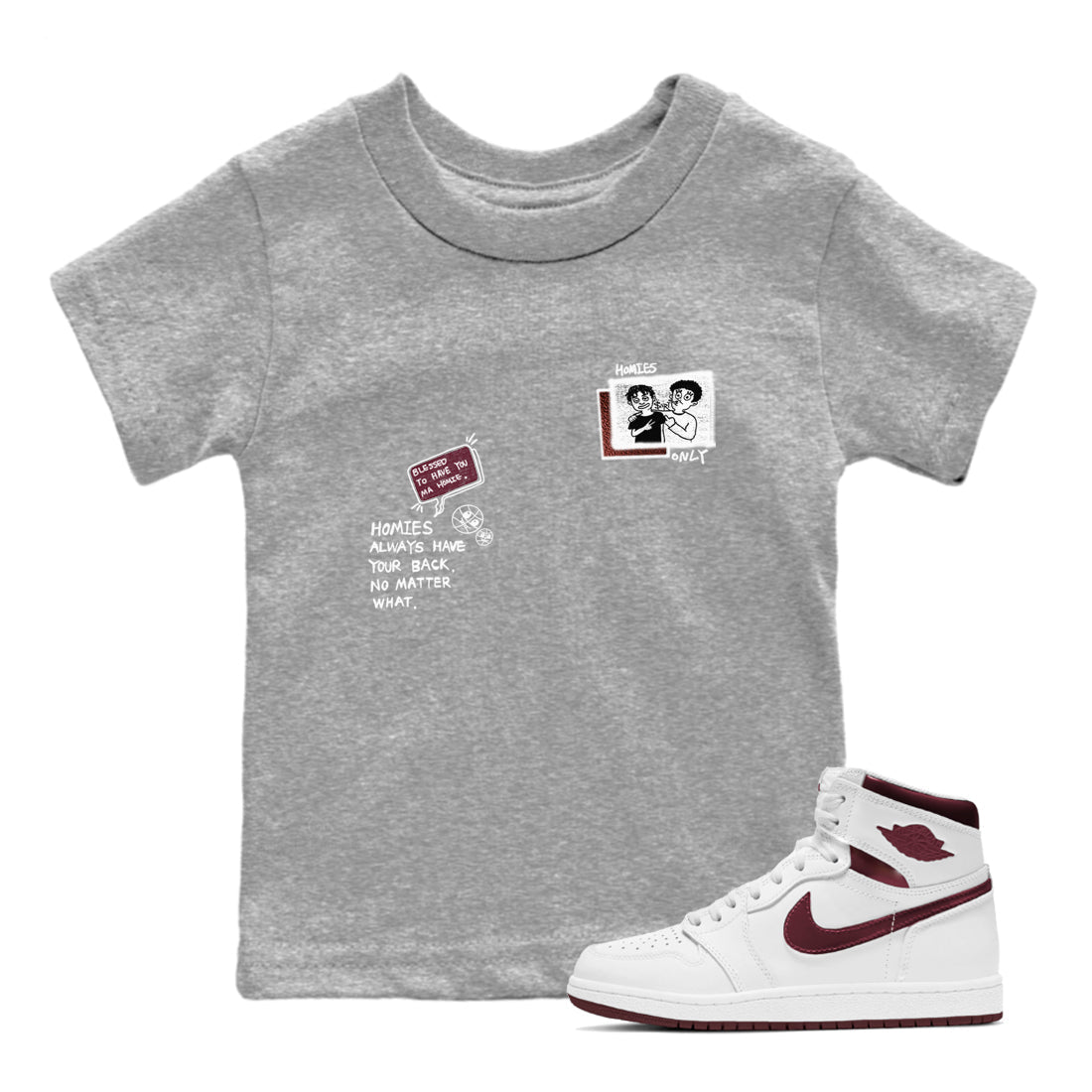 AJ1 High '85 Metallic Burgundy shirts to match jordans Homies Only sneaker match tees 1s High '85 Metallic Burgundy Drip Gear Zone streetwear brand Baby and Youth Heather Grey 1 cotton tee