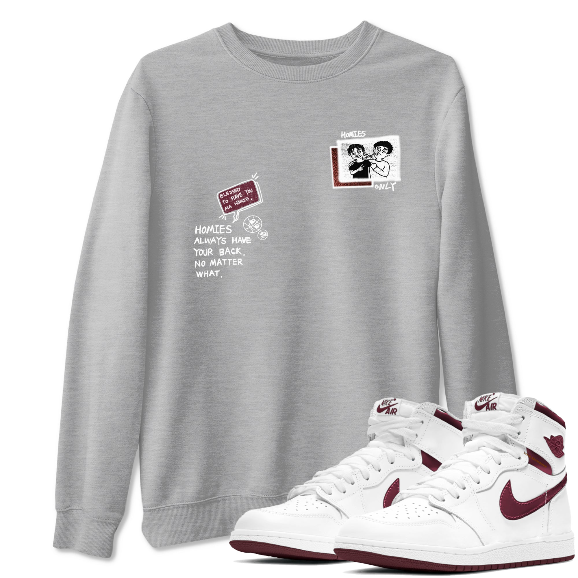 AJ1 High '85 Metallic Burgundy shirts to match jordans Homies Only sneaker match tees 1s High '85 Metallic Burgundy Drip Gear Zone streetwear brand Heather Grey 1 unisex cotton tee