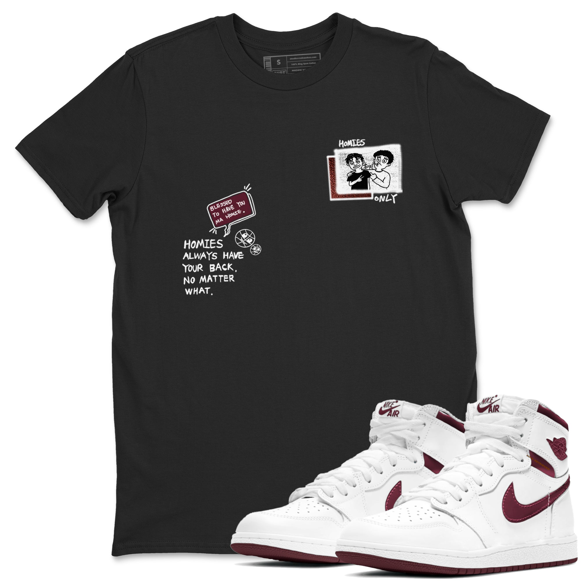 AJ1 High '85 Metallic Burgundy shirts to match jordans Homies Only sneaker match tees 1s High '85 Metallic Burgundy Drip Gear Zone streetwear brand Black 1 unisex cotton tee