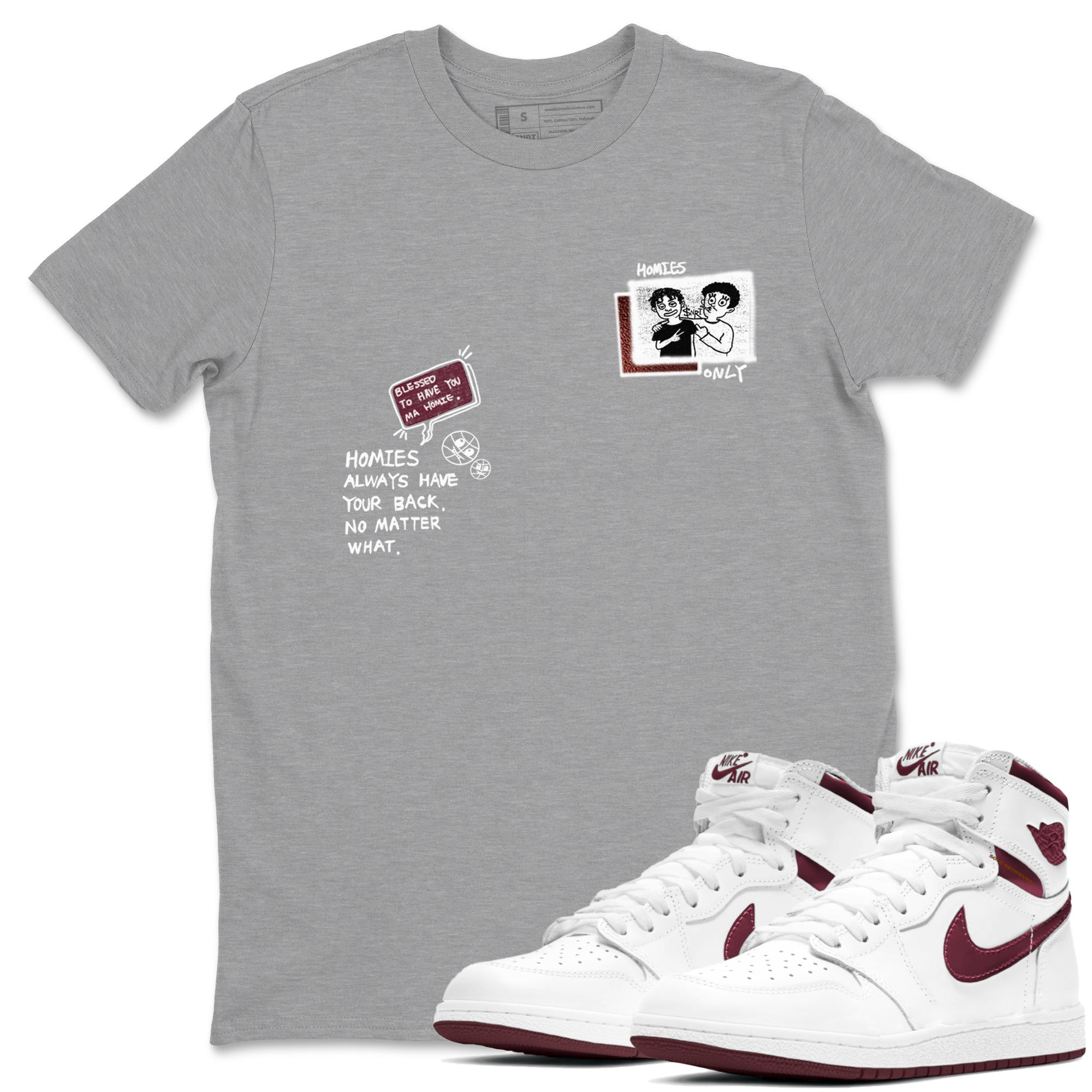 AJ1 High '85 Metallic Burgundy shirts to match jordans Homies Only sneaker match tees 1s High '85 Metallic Burgundy Drip Gear Zone streetwear brand Heather Grey 1 unisex cotton tee
