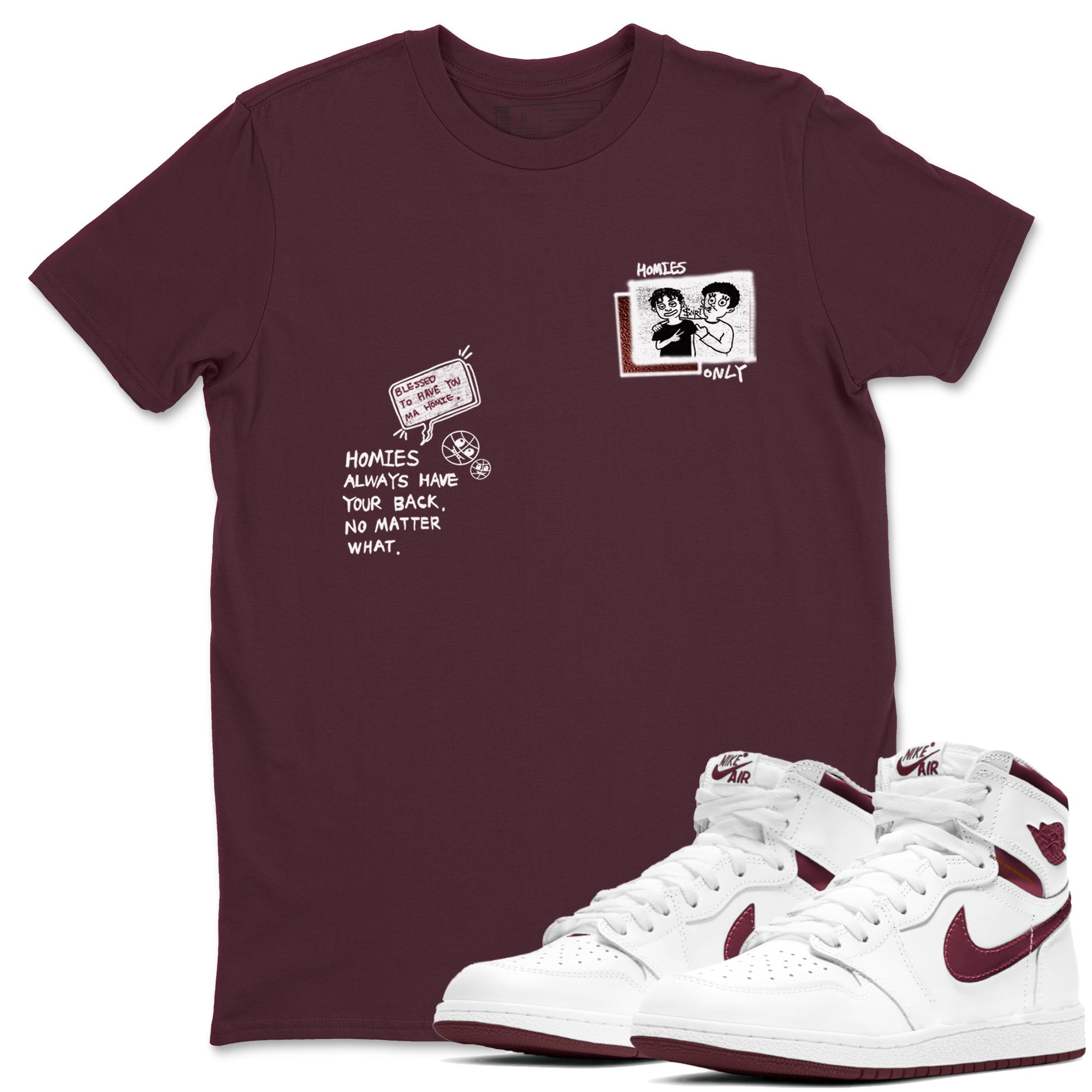 AJ1 High '85 Metallic Burgundy shirts to match jordans Homies Only sneaker match tees 1s High '85 Metallic Burgundy Drip Gear Zone streetwear brand Maroon 1 unisex cotton tee
