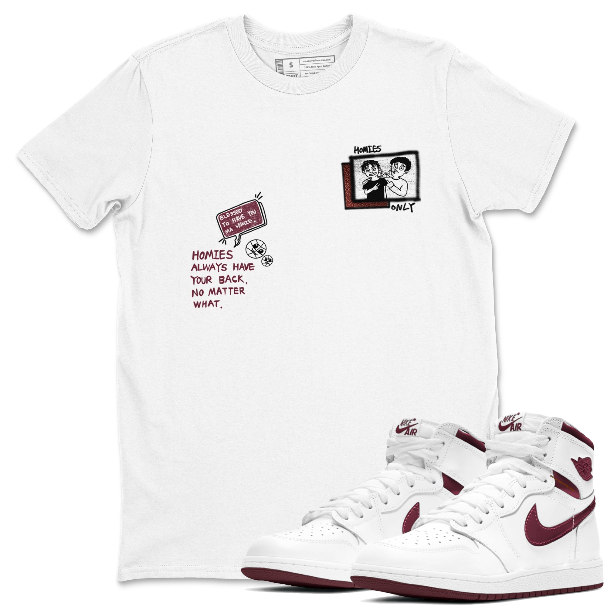 AJ1 High '85 Metallic Burgundy shirts to match jordans Homies Only sneaker match tees 1s High '85 Metallic Burgundy Drip Gear Zone streetwear brand White 1 unisex cotton tee