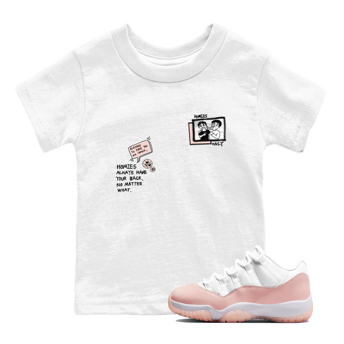 11s Legend Pink shirts to match jordans Homies Only sneaker match tees Air Jordan 11 Legend Pink Drip Gear Zone streetwear brand Baby and Youth White 1 cotton tee