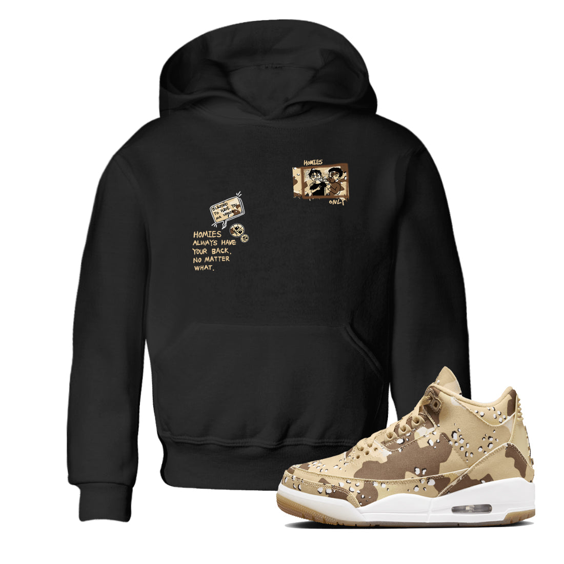 AJ3 Desert Camo shirts to match jordans Homies Only sneaker match tees Air Jordan 3 Desert Camo Drip Gear Zone streetwear brand Baby and Youth Black 1 cotton tee
